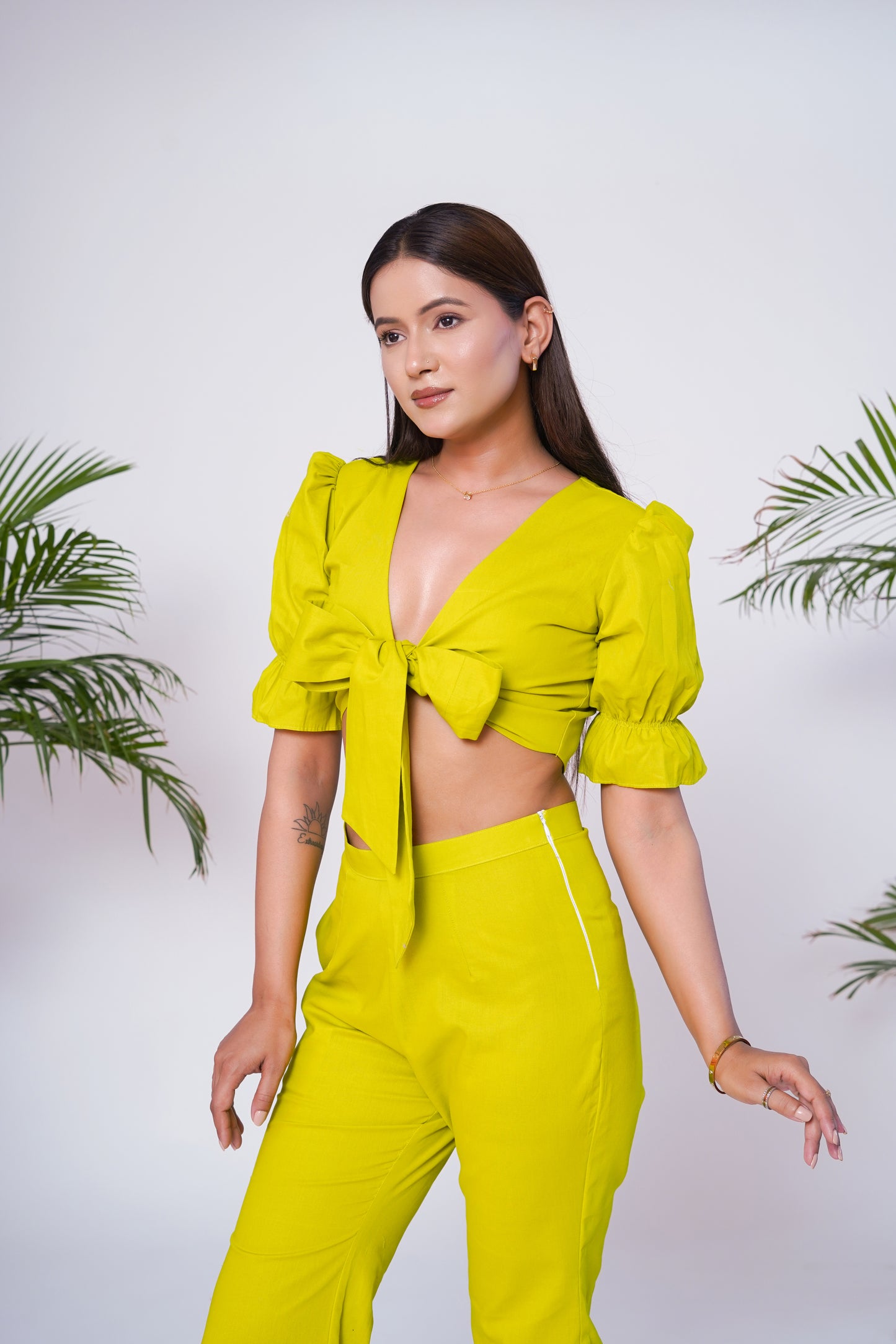 Lime green front tie-up crop top and pant set