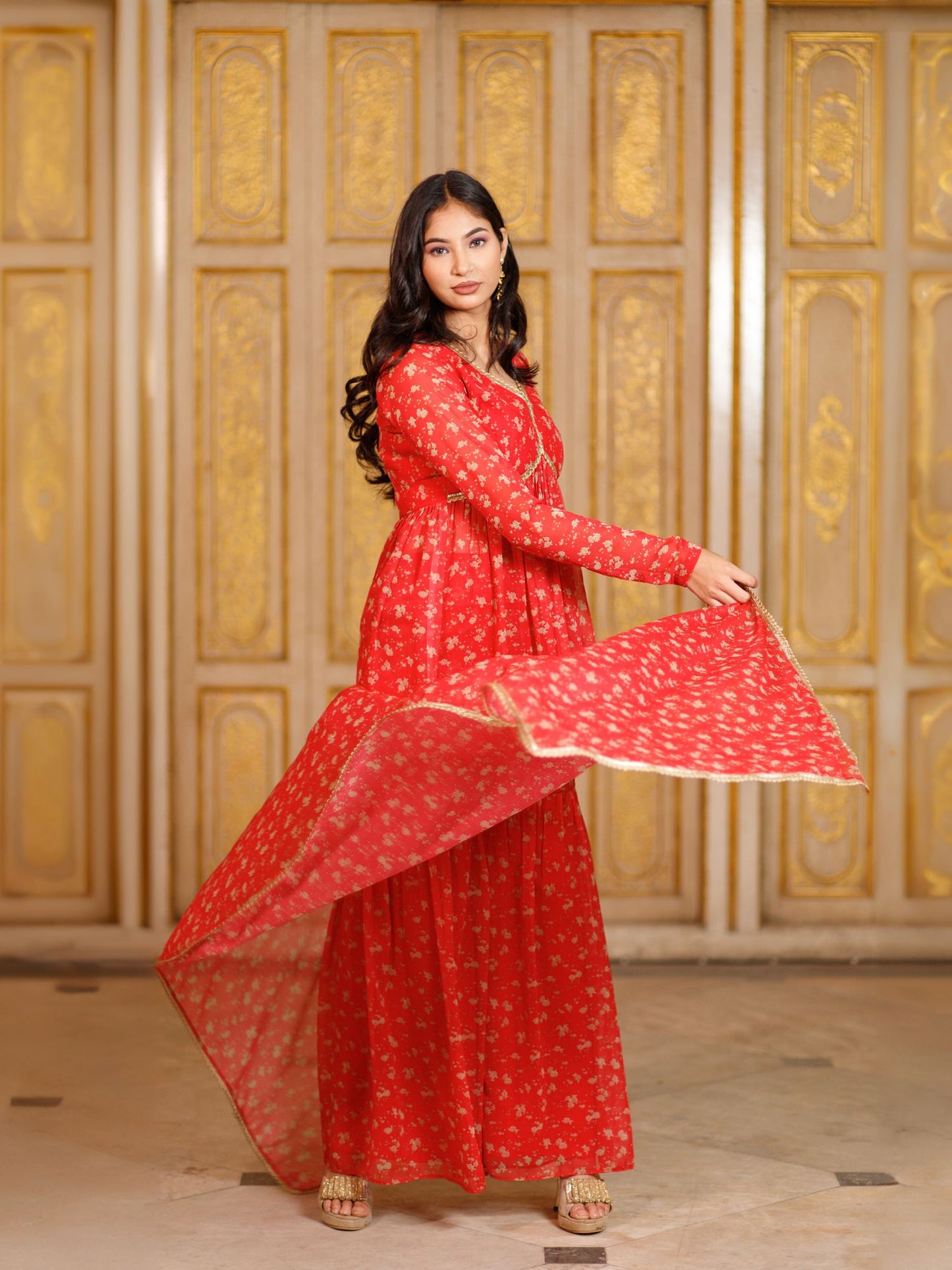 Red Floral Sharara with Dupatta Set