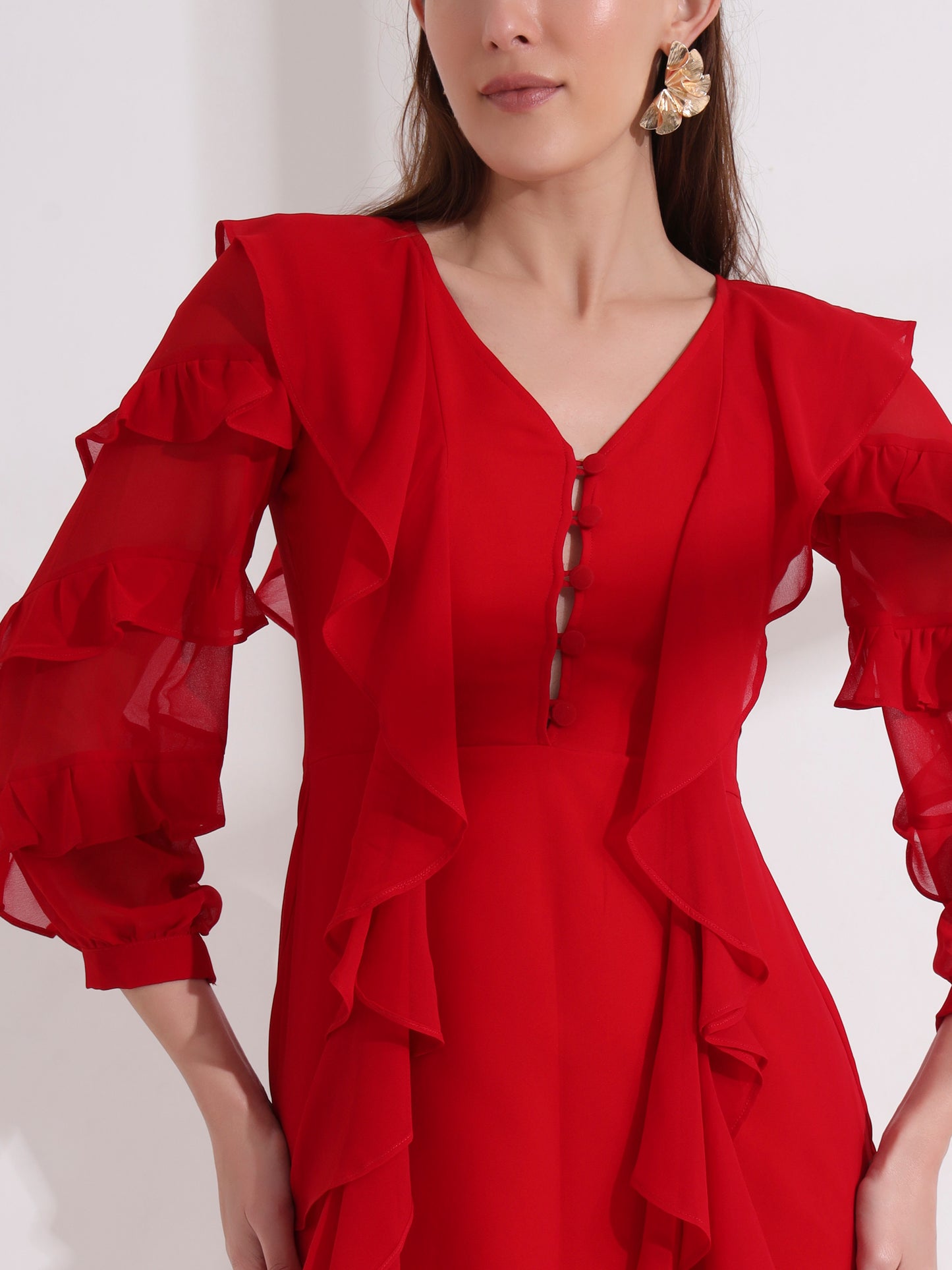 Red Georgette Ruffle Mini Dress