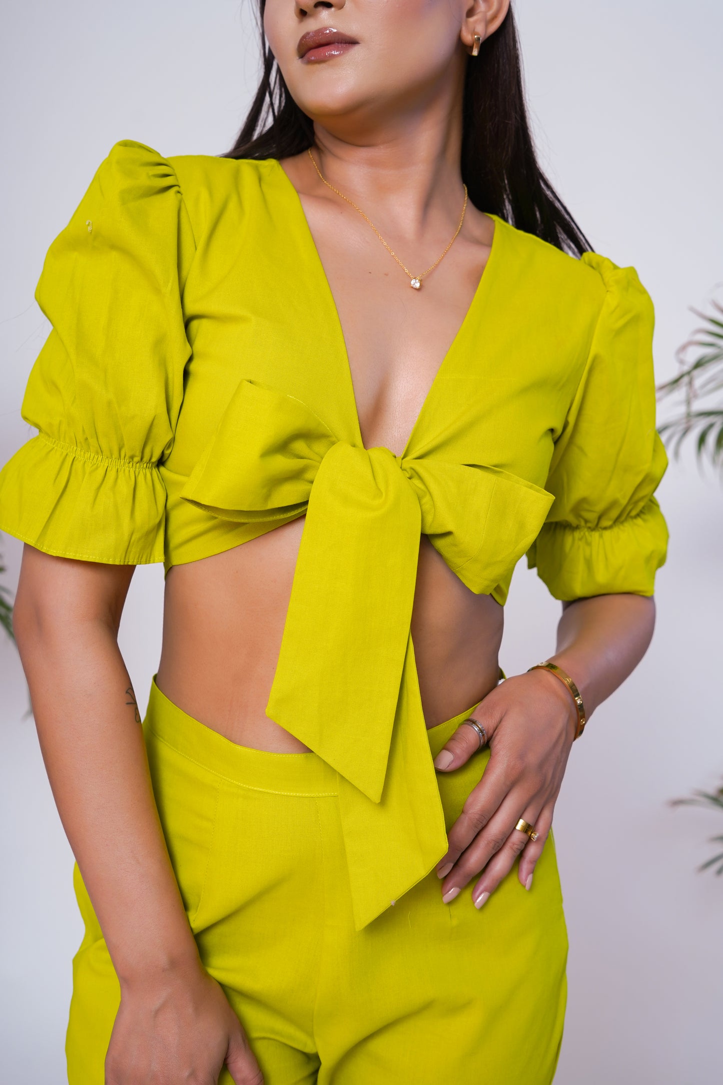 Lime green front tie-up crop top and pant set