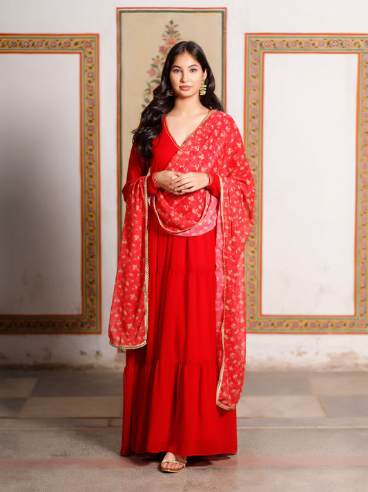Red Anarkali with Floral Printed Dupatta
