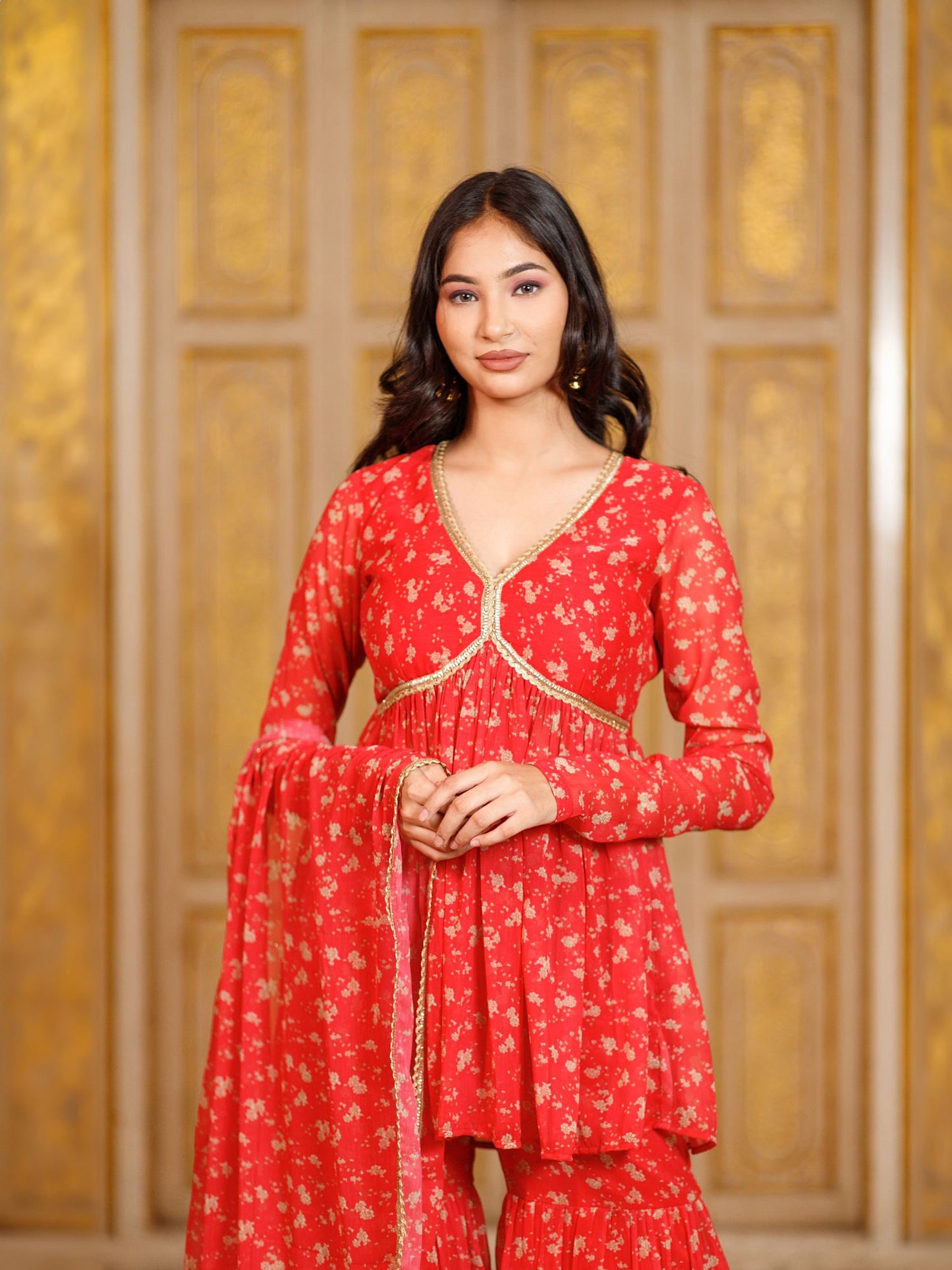 Red Floral Sharara with Dupatta Set