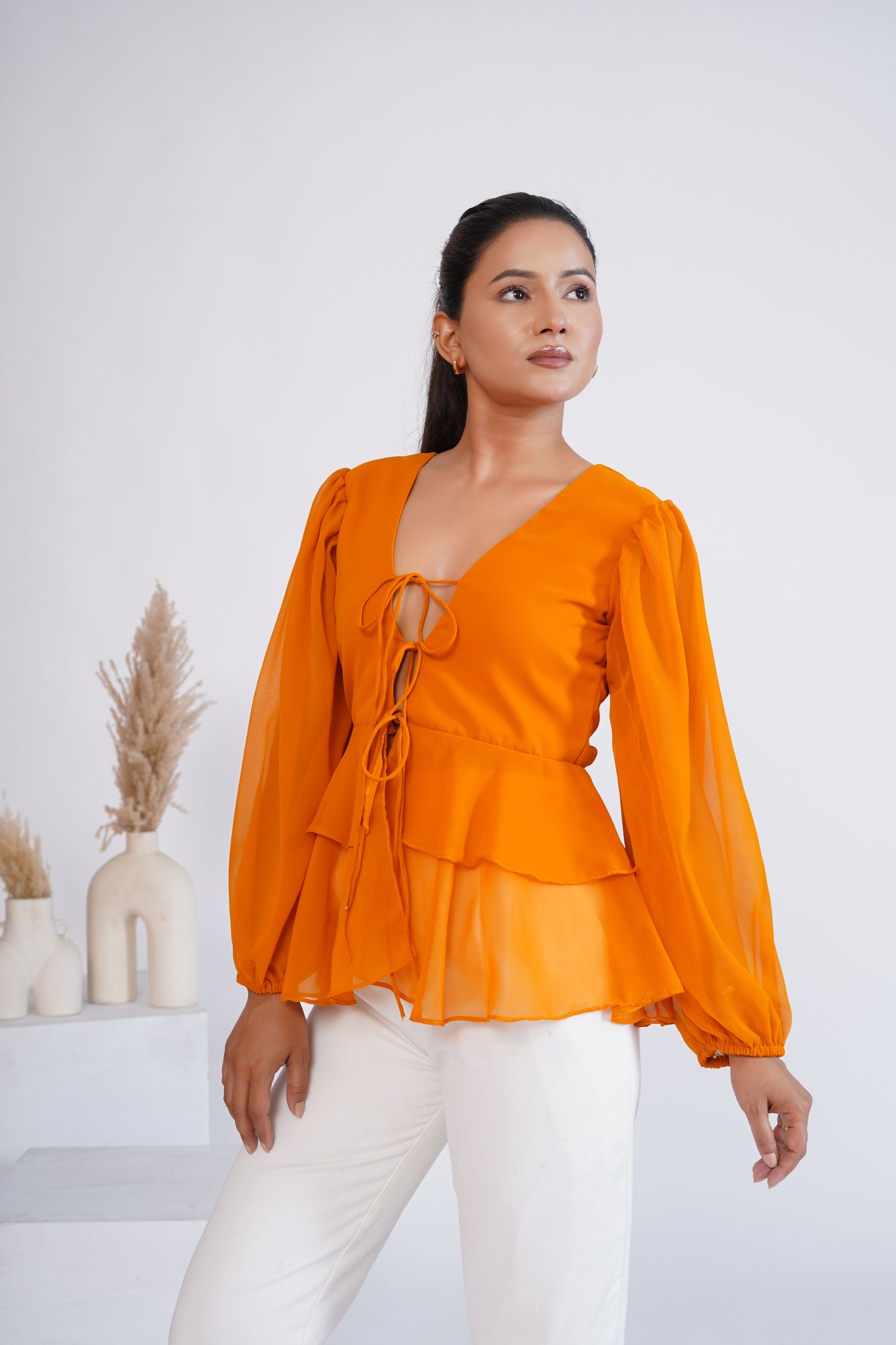 Mustard Georgette Front Tie-Up Top