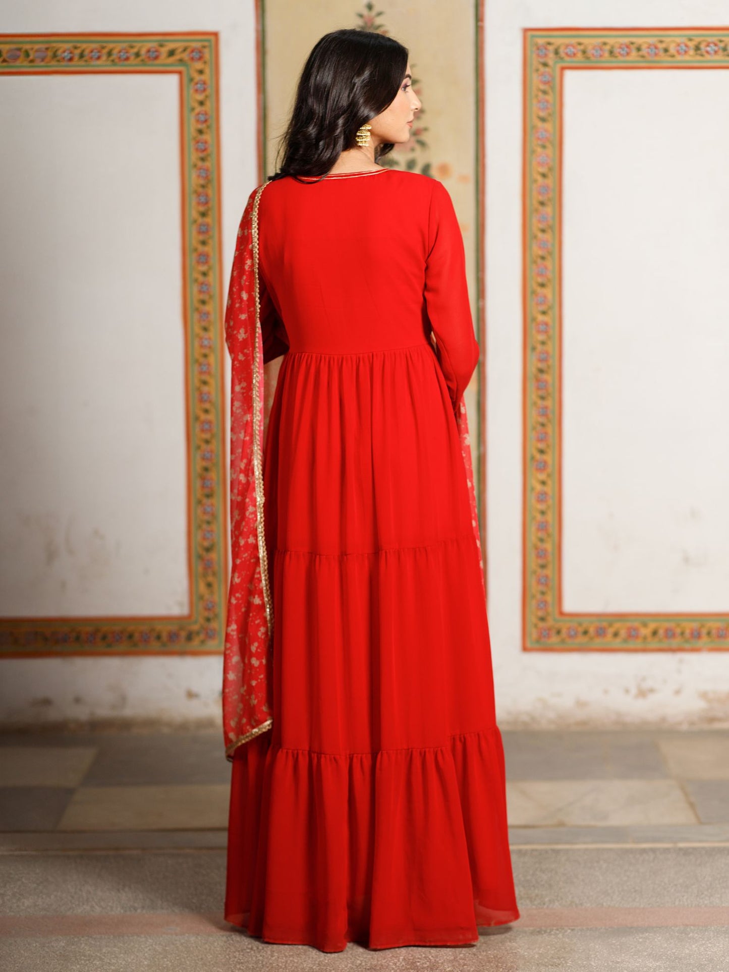 Red Anarkali with Floral Printed Dupatta