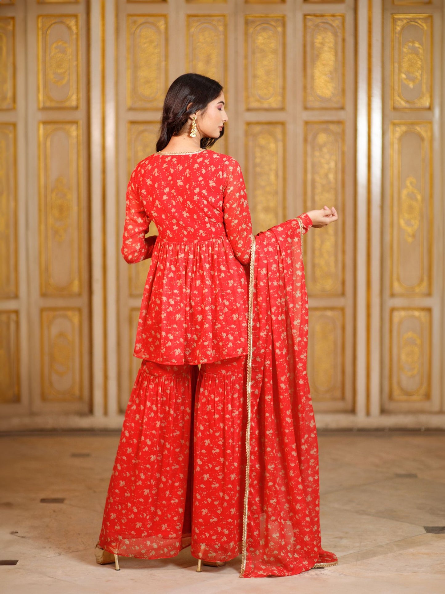 Red Floral Sharara with Dupatta Set