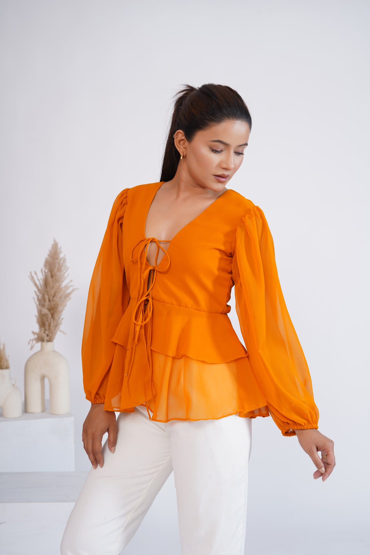 Mustard Georgette Front Tie-Up Top