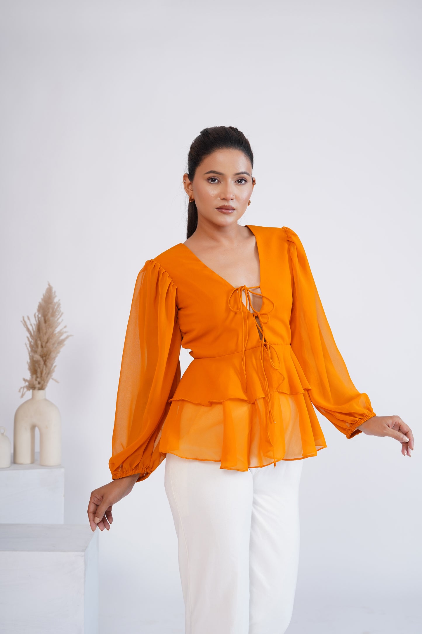 Mustard Georgette Front Tie-Up Top