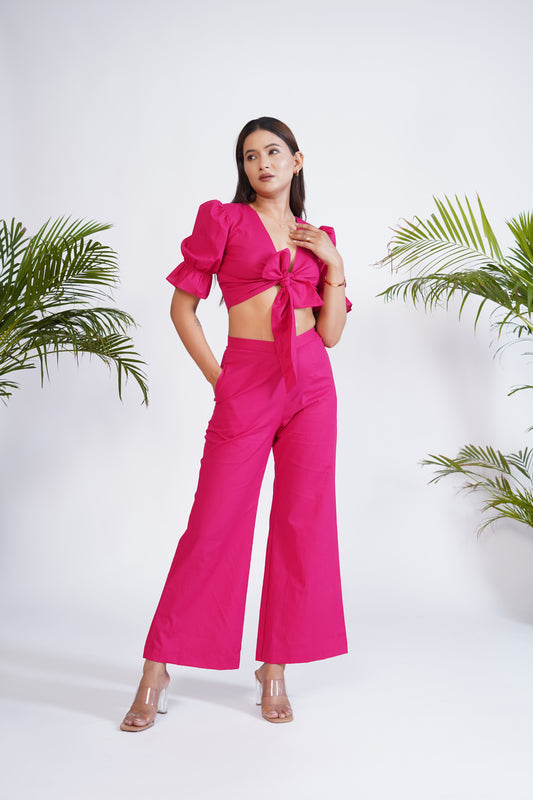 Hot Pink front tie-up crop top and pant set