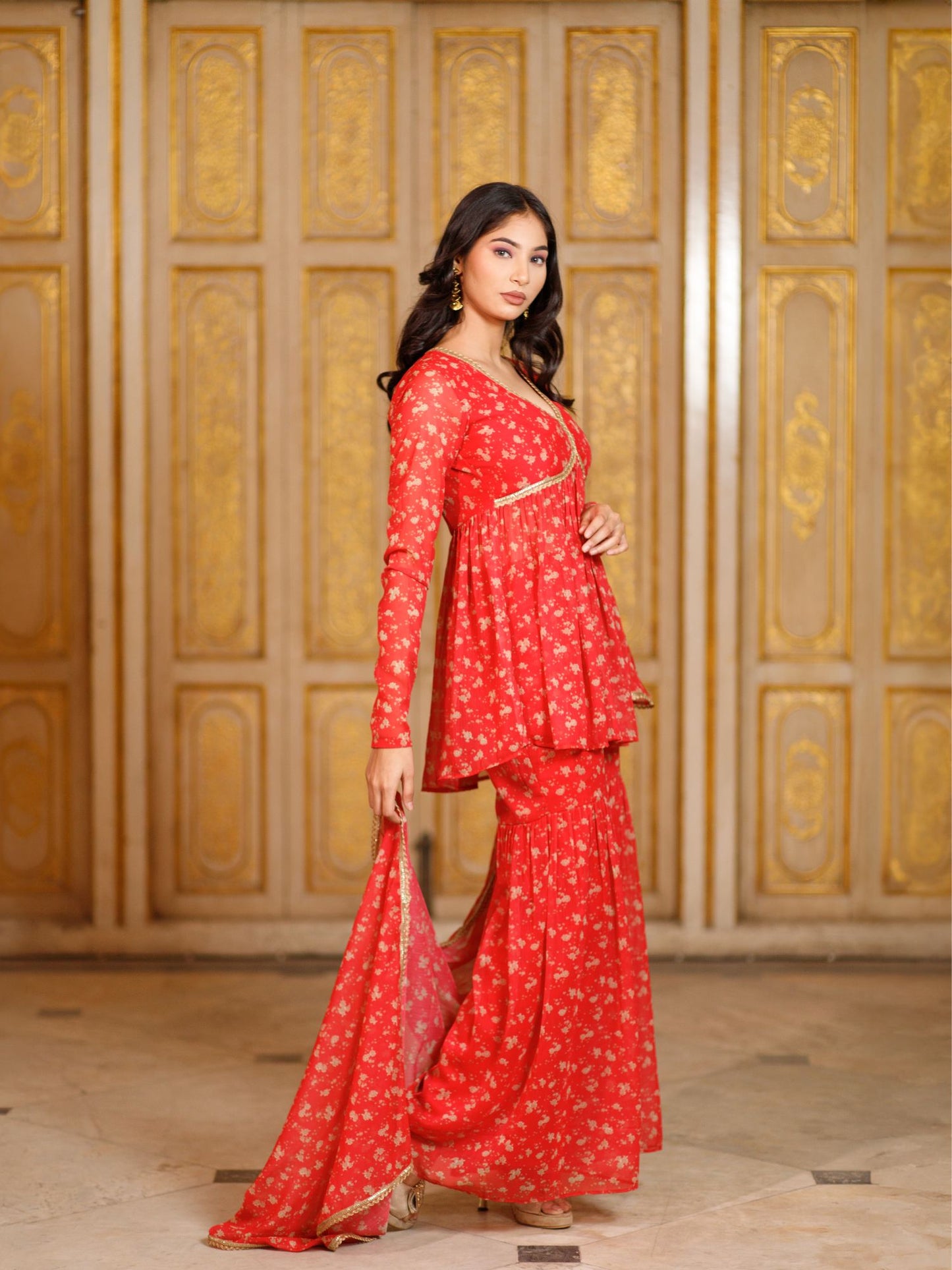 Red Floral Sharara with Dupatta Set