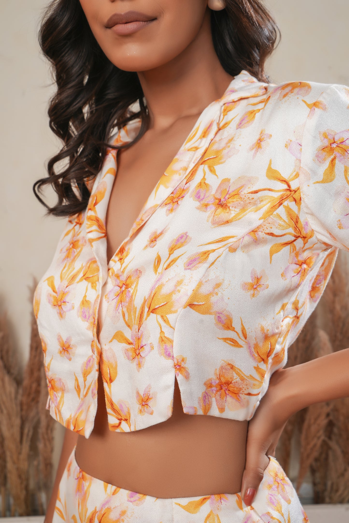 Floral Printed Triangle Cut Crop Top and Skirt Set