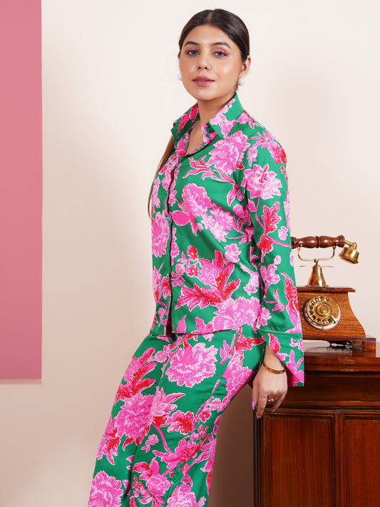 Green Floral Statement Cuff Shirt