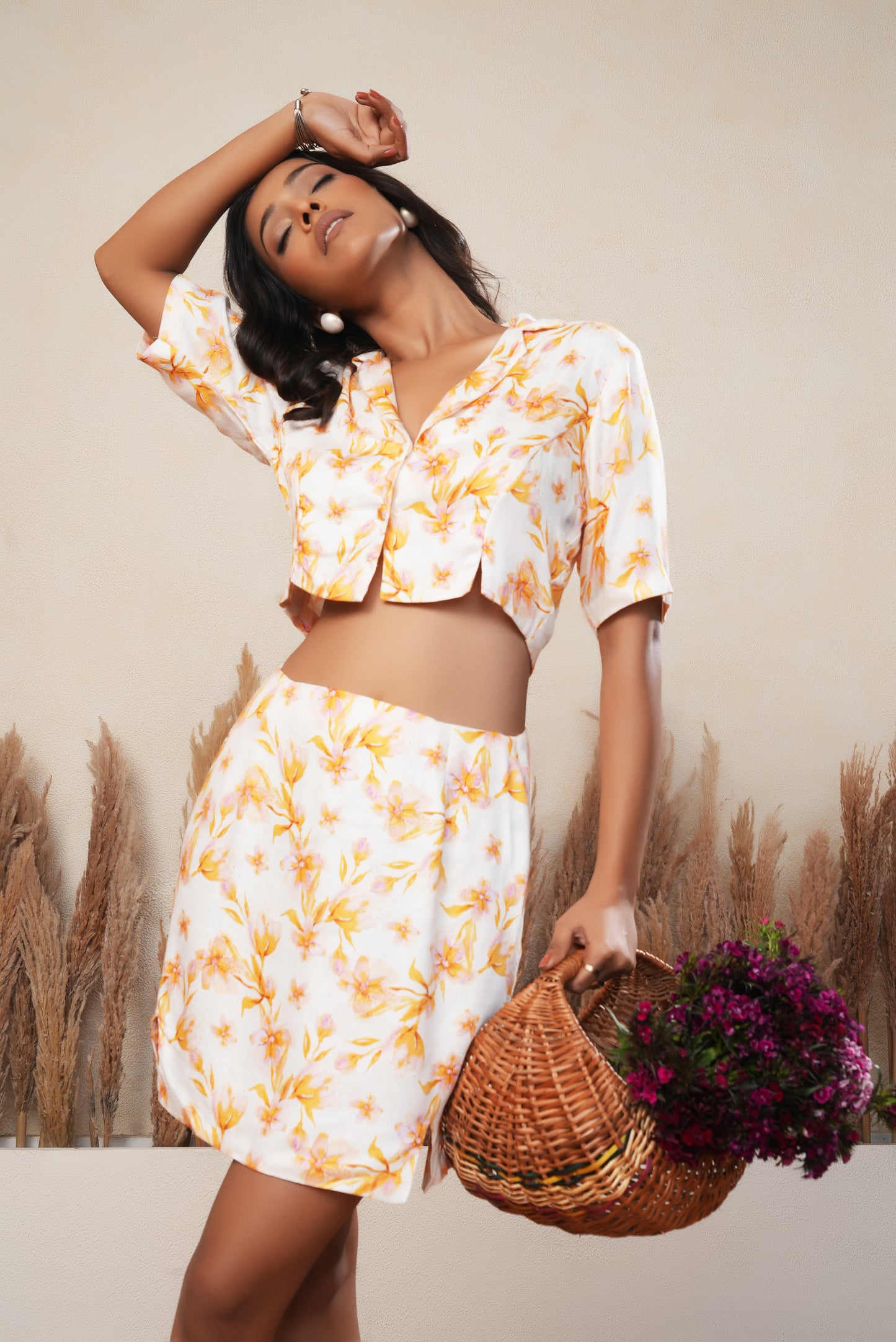 Floral Printed Triangle Cut Crop Top and Skirt Set