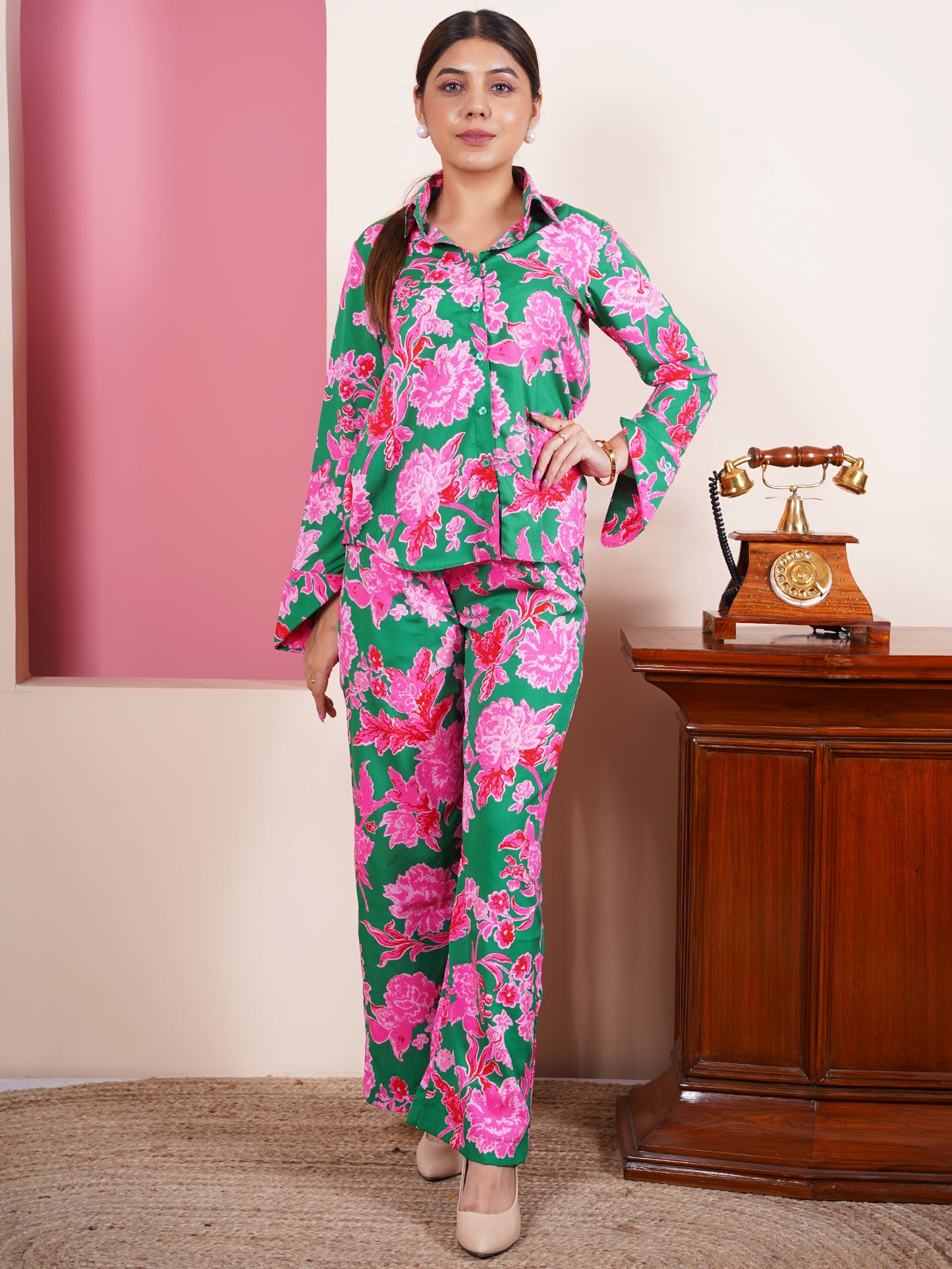 Green Floral Statement Cuff Shirt