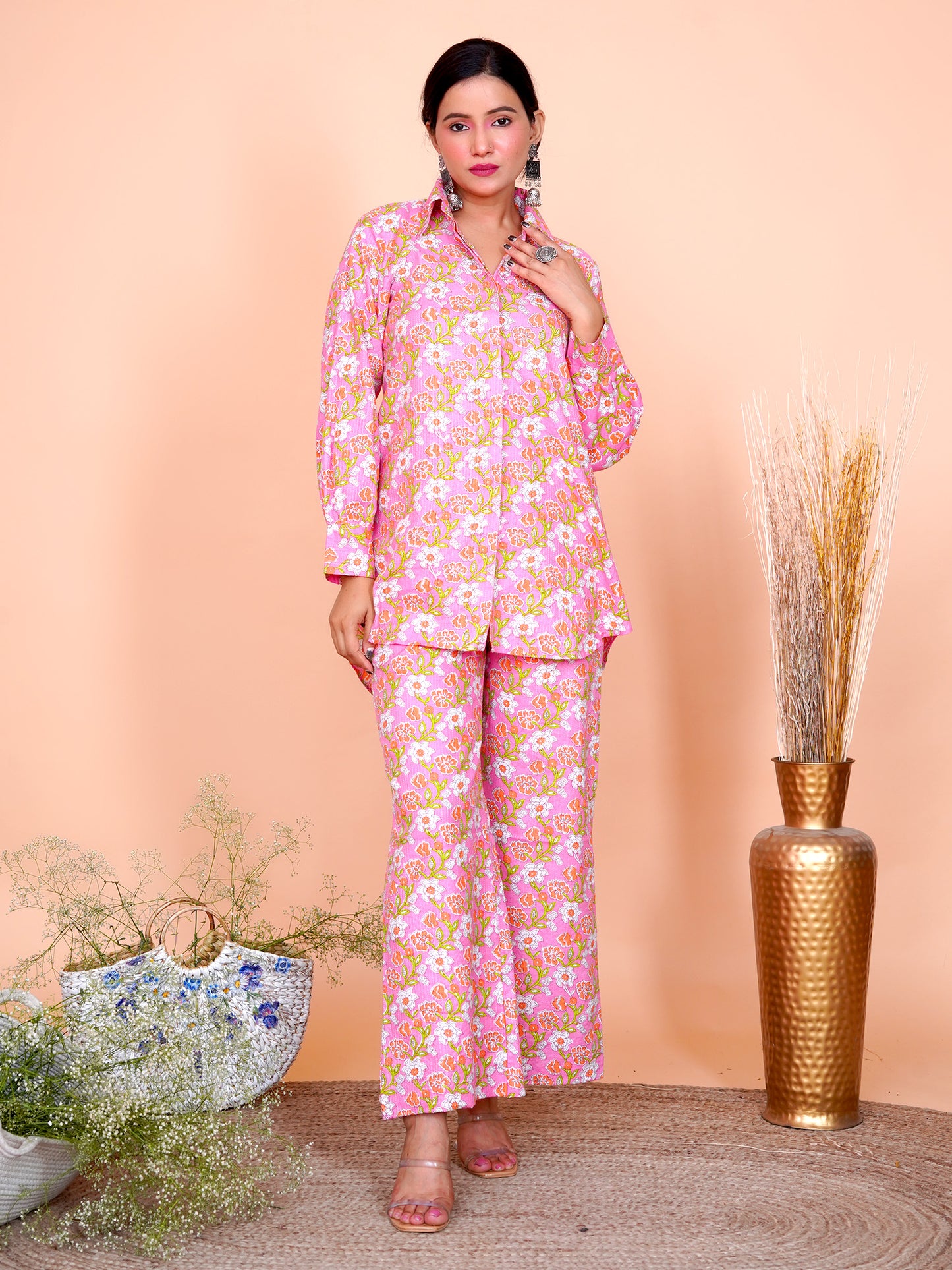 Kantha Embroidered Pink Floral Shirt Kurta Set