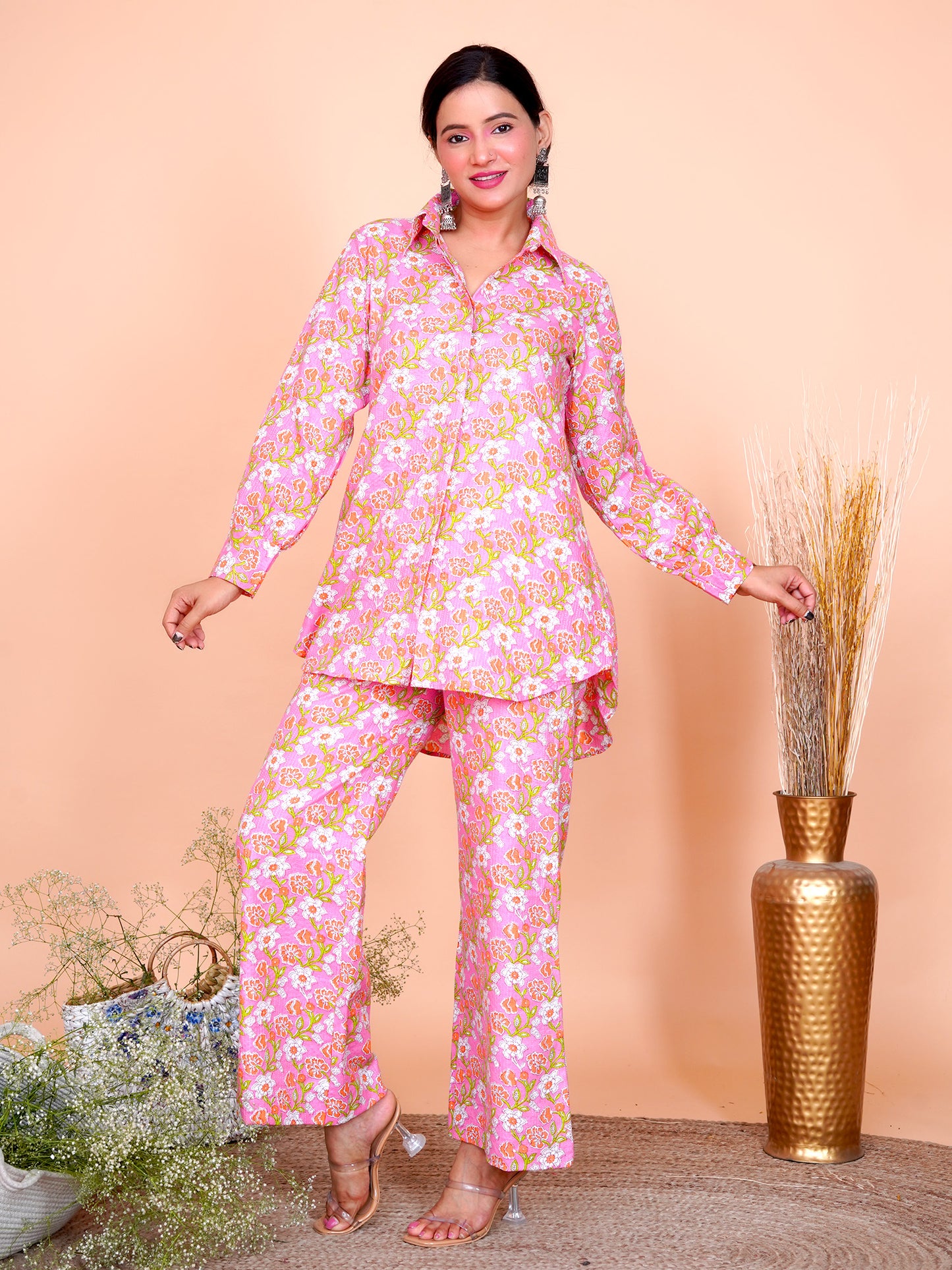 Kantha Embroidered Pink Floral Shirt Kurta Set