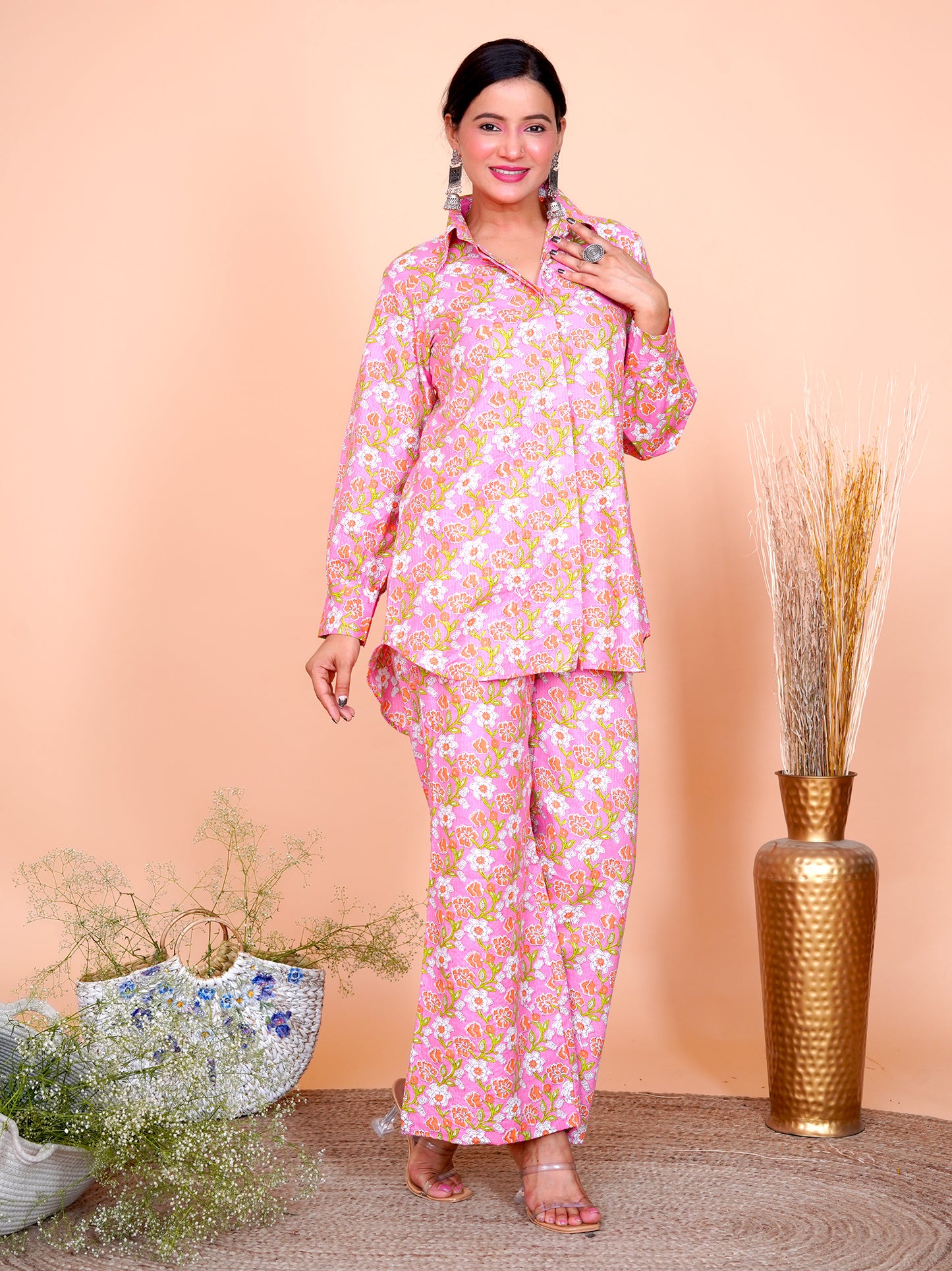Kantha Embroidered Pink Floral Shirt Kurta Set