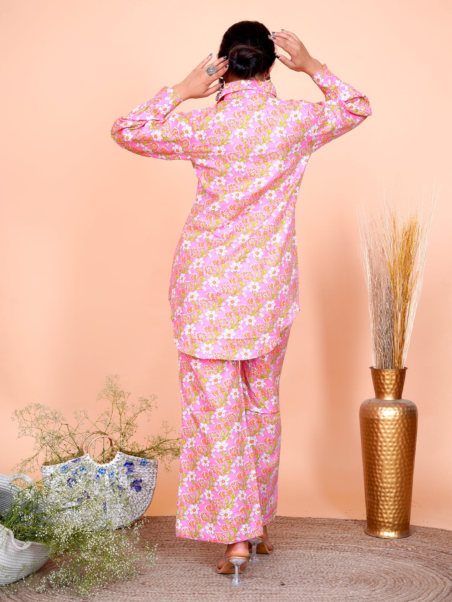 Kantha Embroidered Pink Floral Shirt Kurta Set