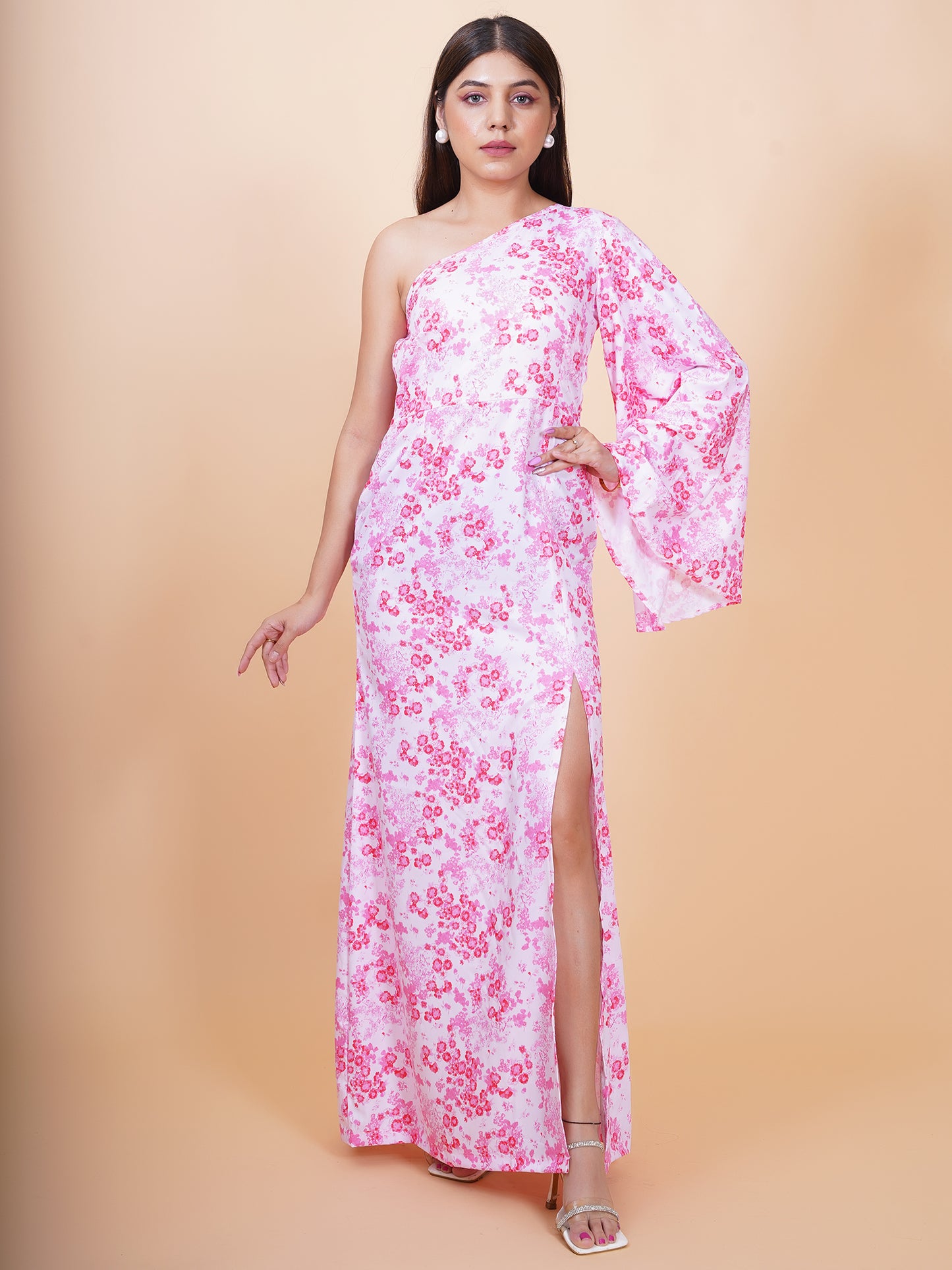 White & Pink Floral One Shoulder Maxi Dress