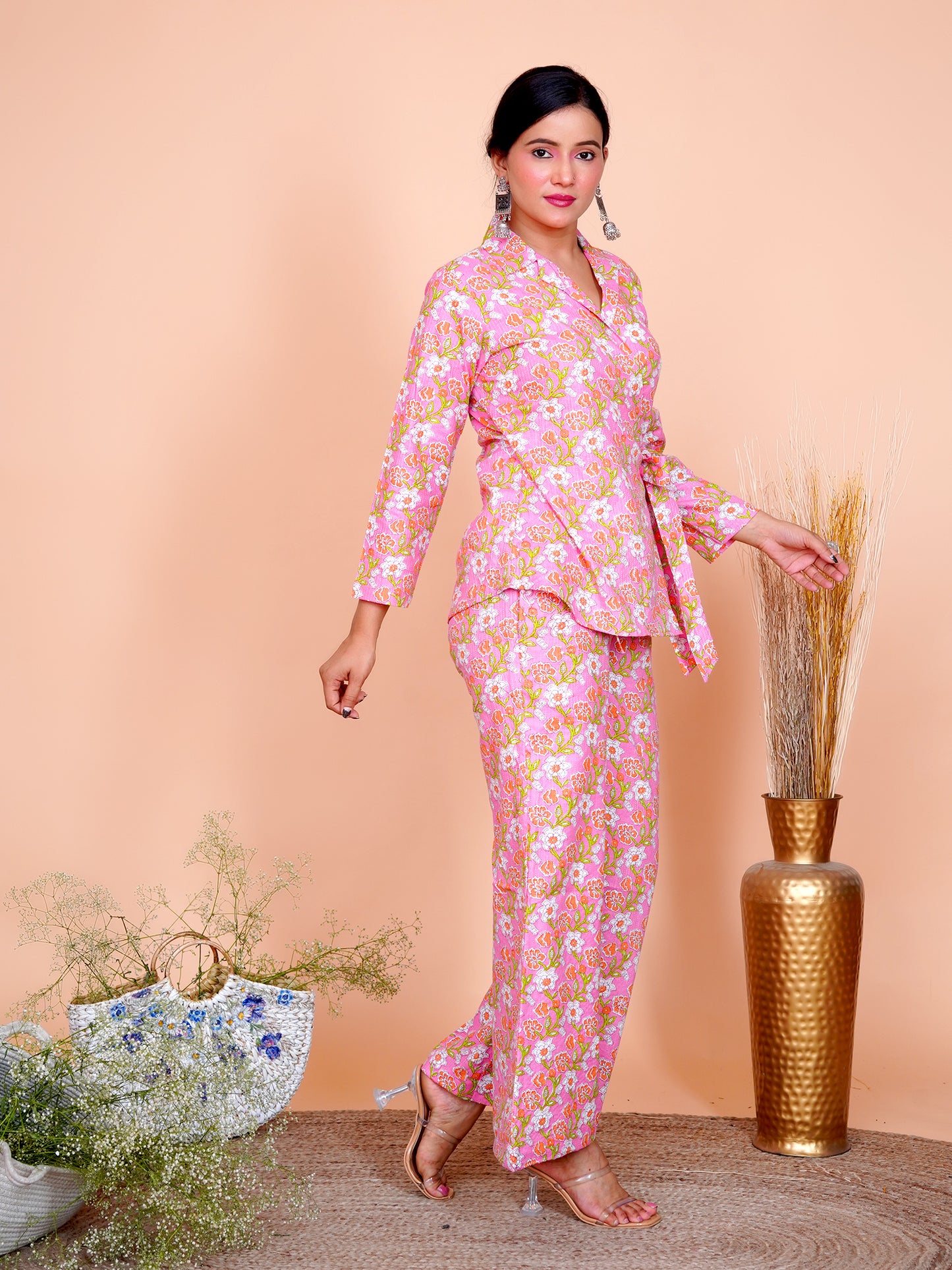 Kantha Embroidered Pink Floral Side Tie-up Blazer
