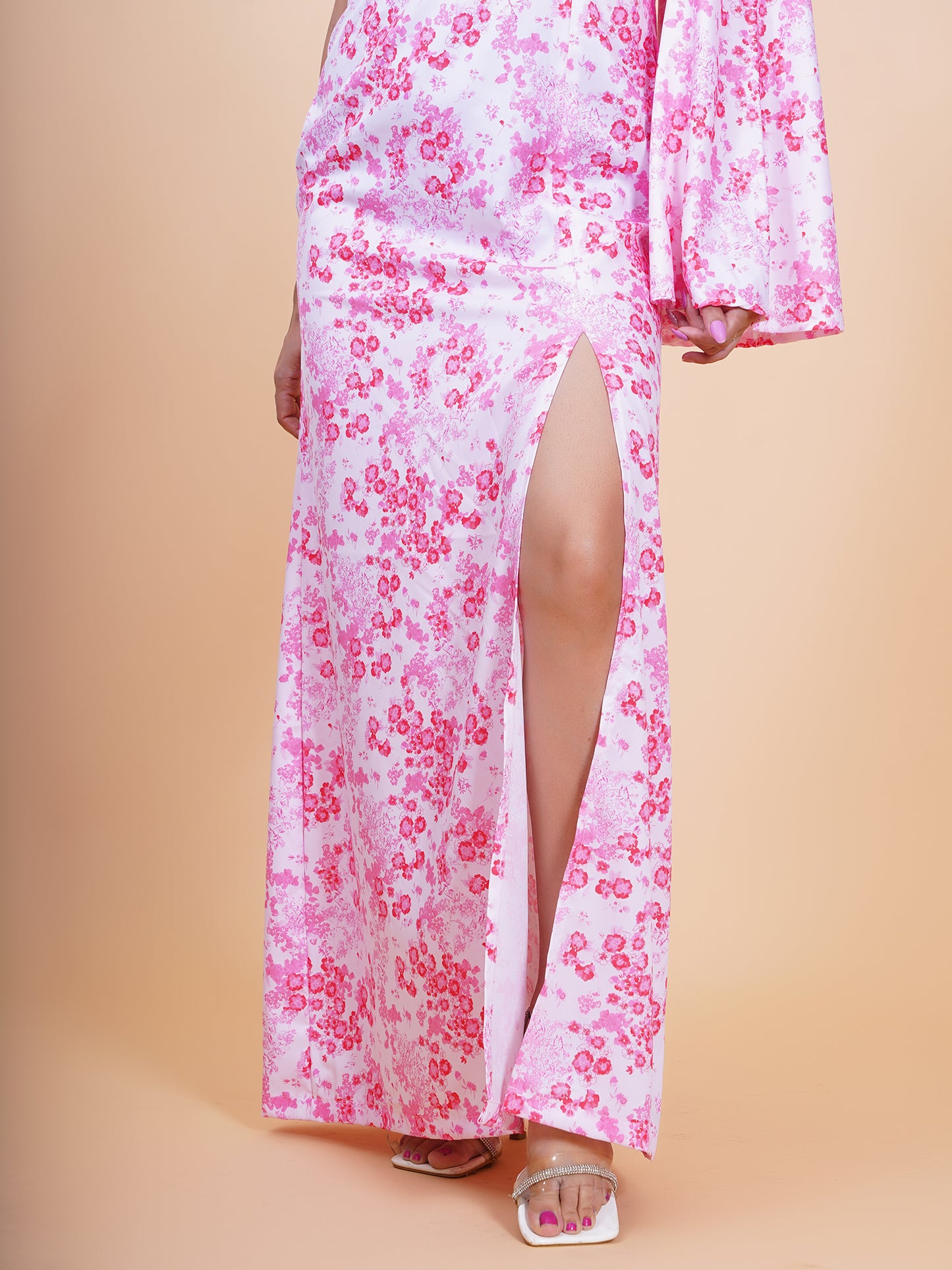 White & Pink Floral One Shoulder Maxi Dress