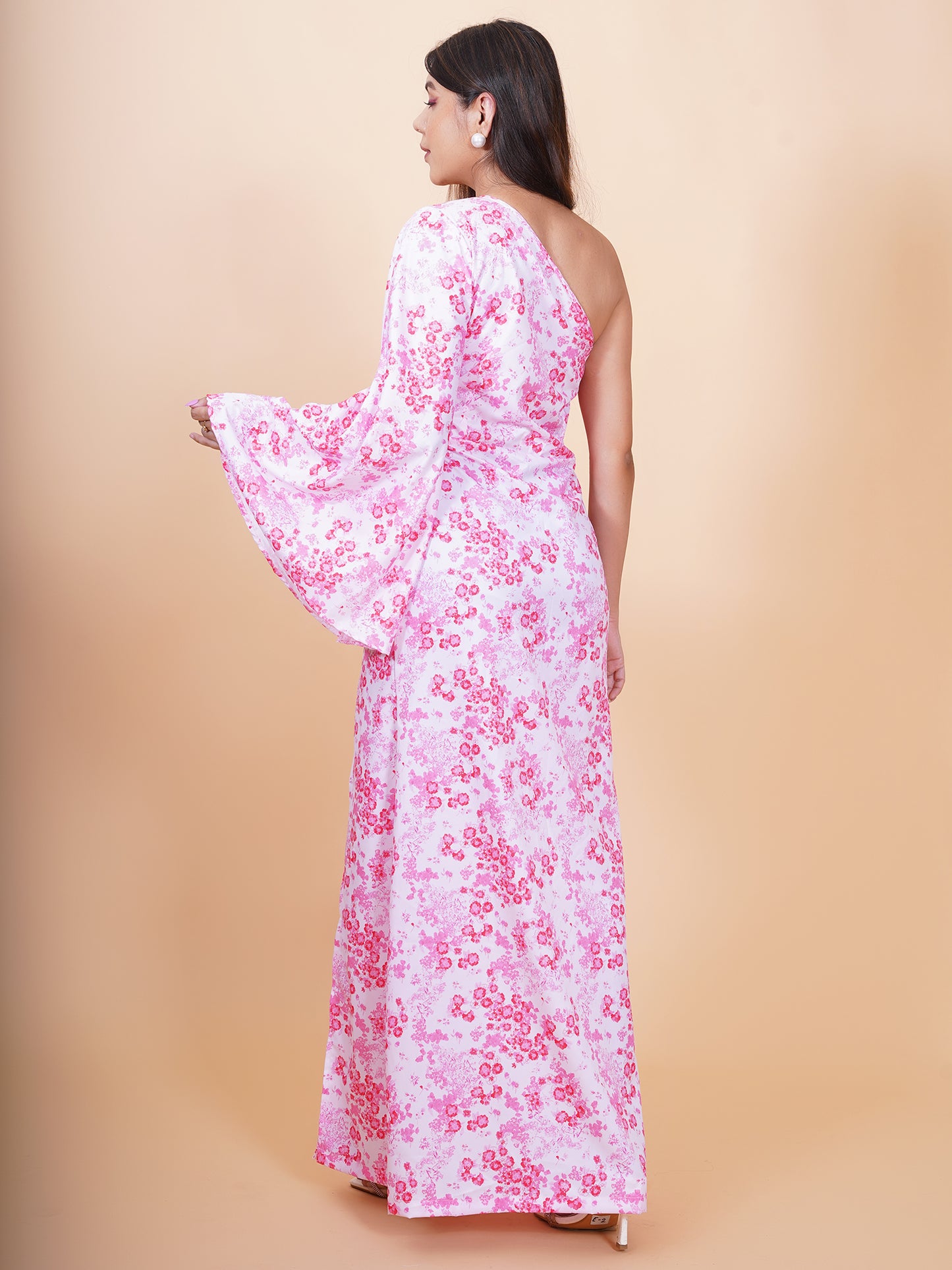 White & Pink Floral One Shoulder Maxi Dress