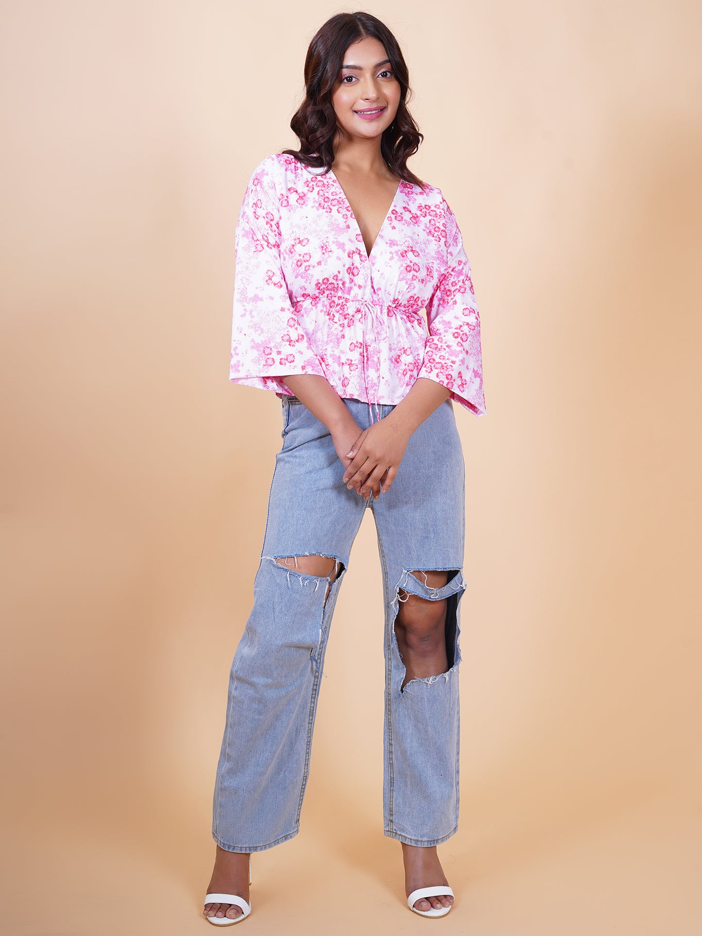 White & Pink Floral String Top