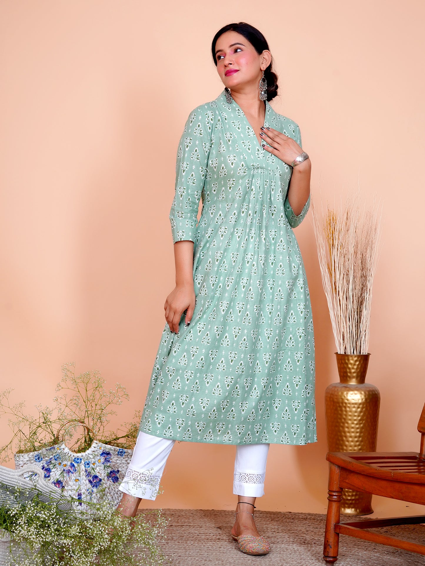 Pista Floral Buti Printed Cotton A-Line Kurta