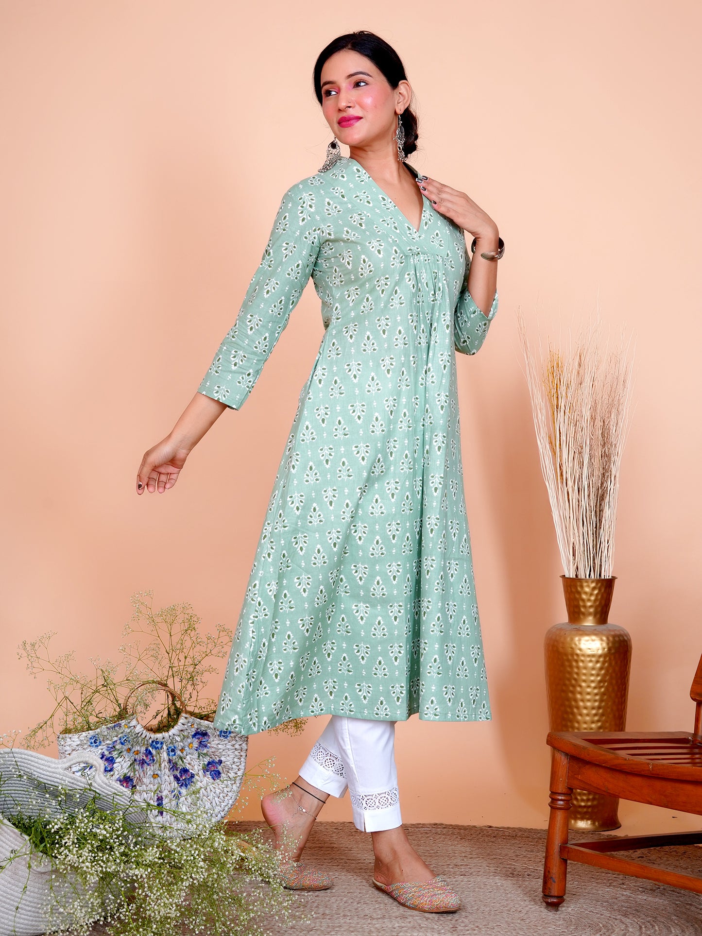 Pista Floral Buti Printed Cotton A-Line Kurta