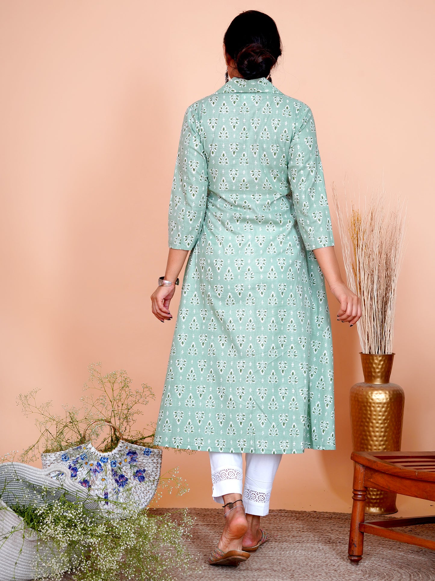 Pista Floral Buti Printed Cotton A-Line Kurta