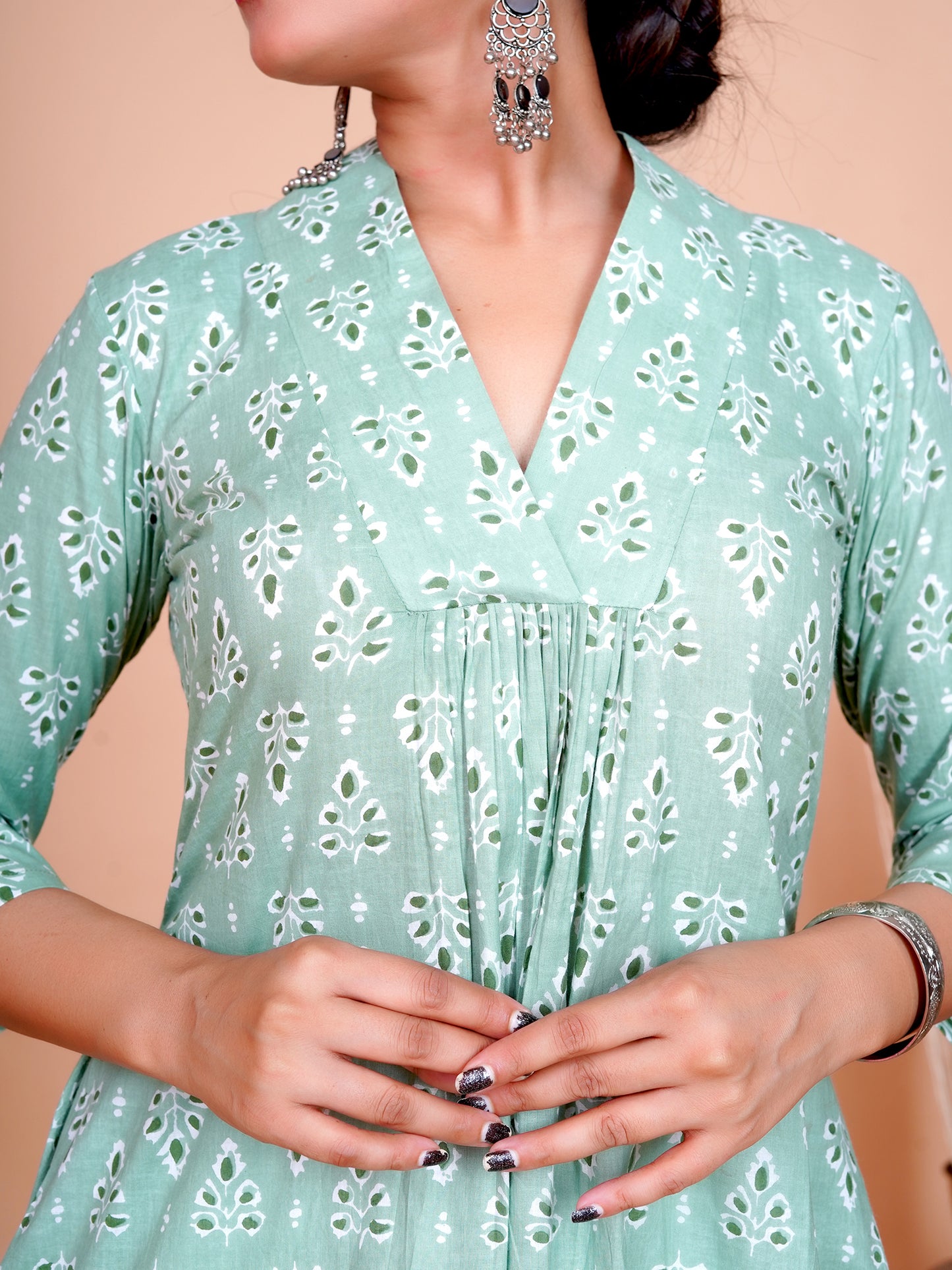 Pista Floral Buti Printed Cotton A-Line Kurta