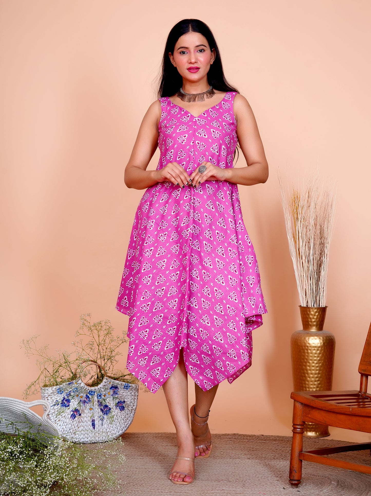 Magenta Floral Buti Cotton Sleeveless Dress