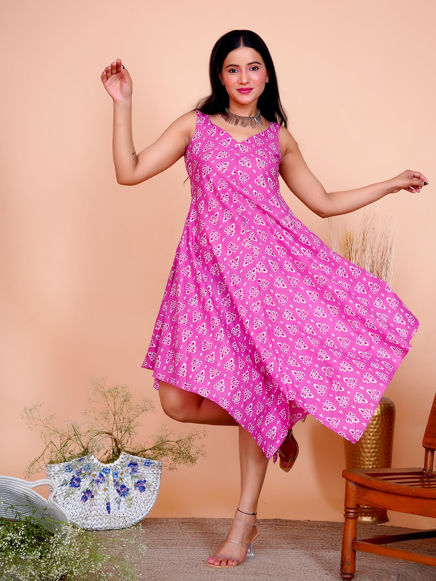 Magenta Floral Buti Cotton Sleeveless Dress