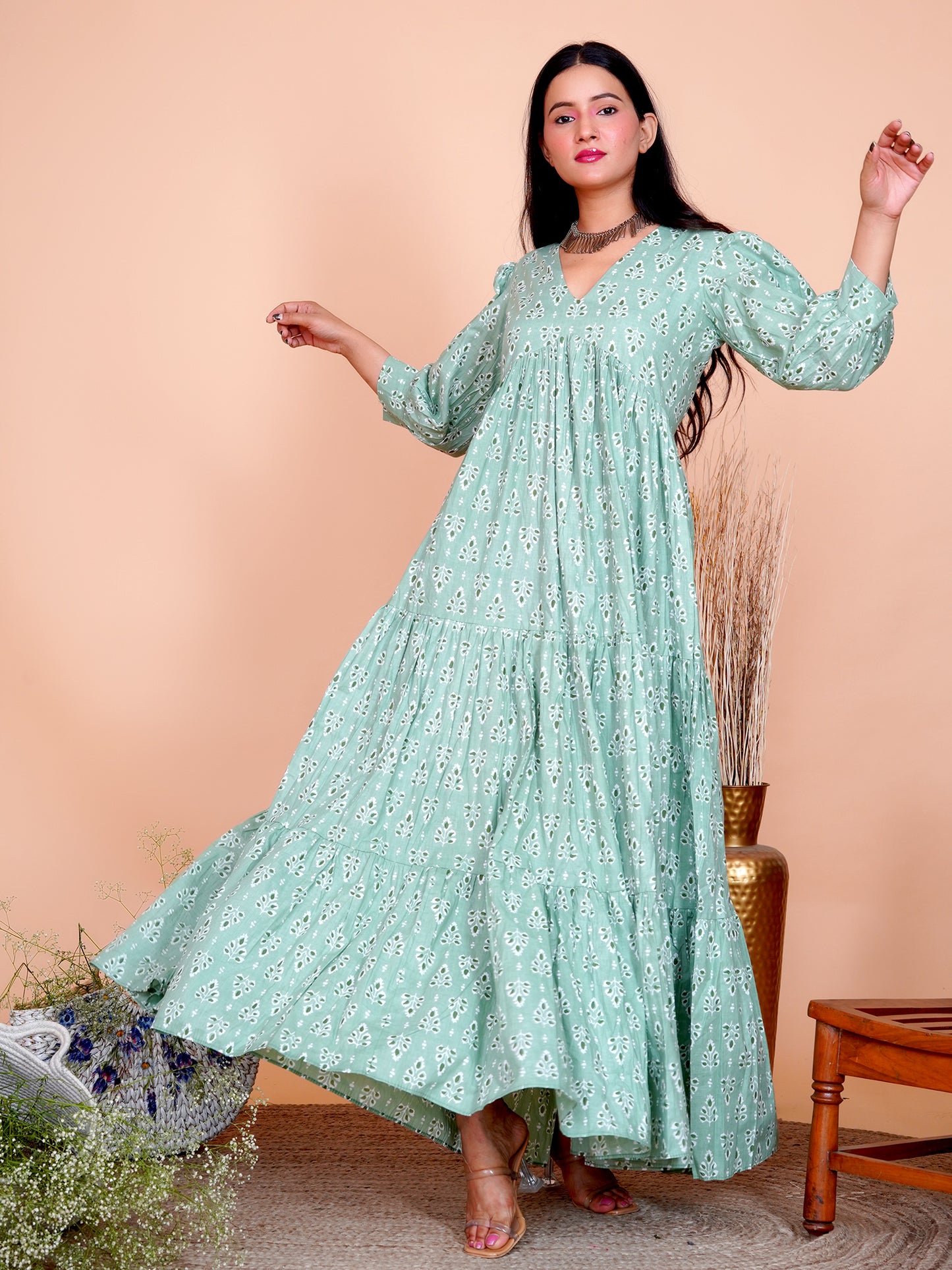Pista Floral Printed Cotton Long Maxi Dress