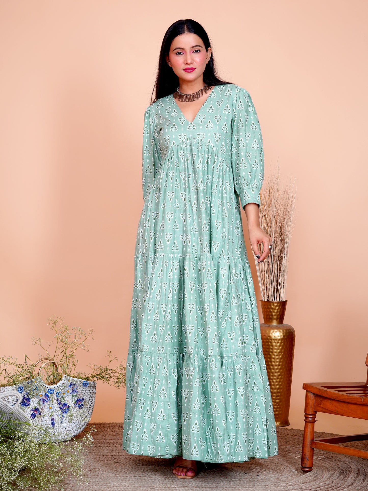 Pista Floral Printed Cotton Long Maxi Dress