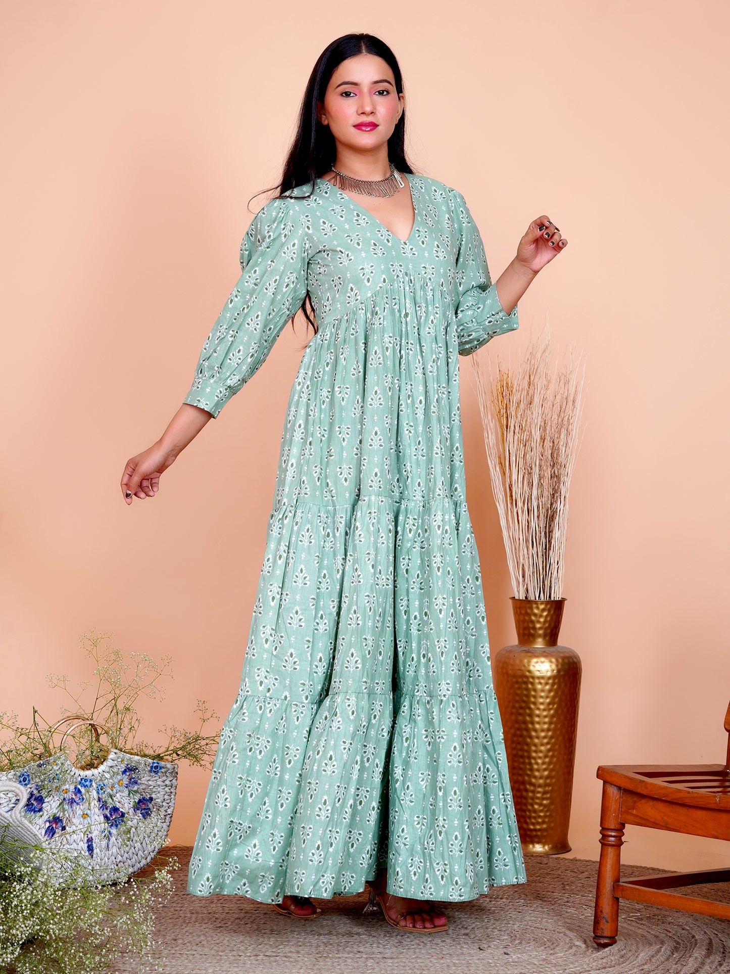 Pista Floral Printed Cotton Long Maxi Dress