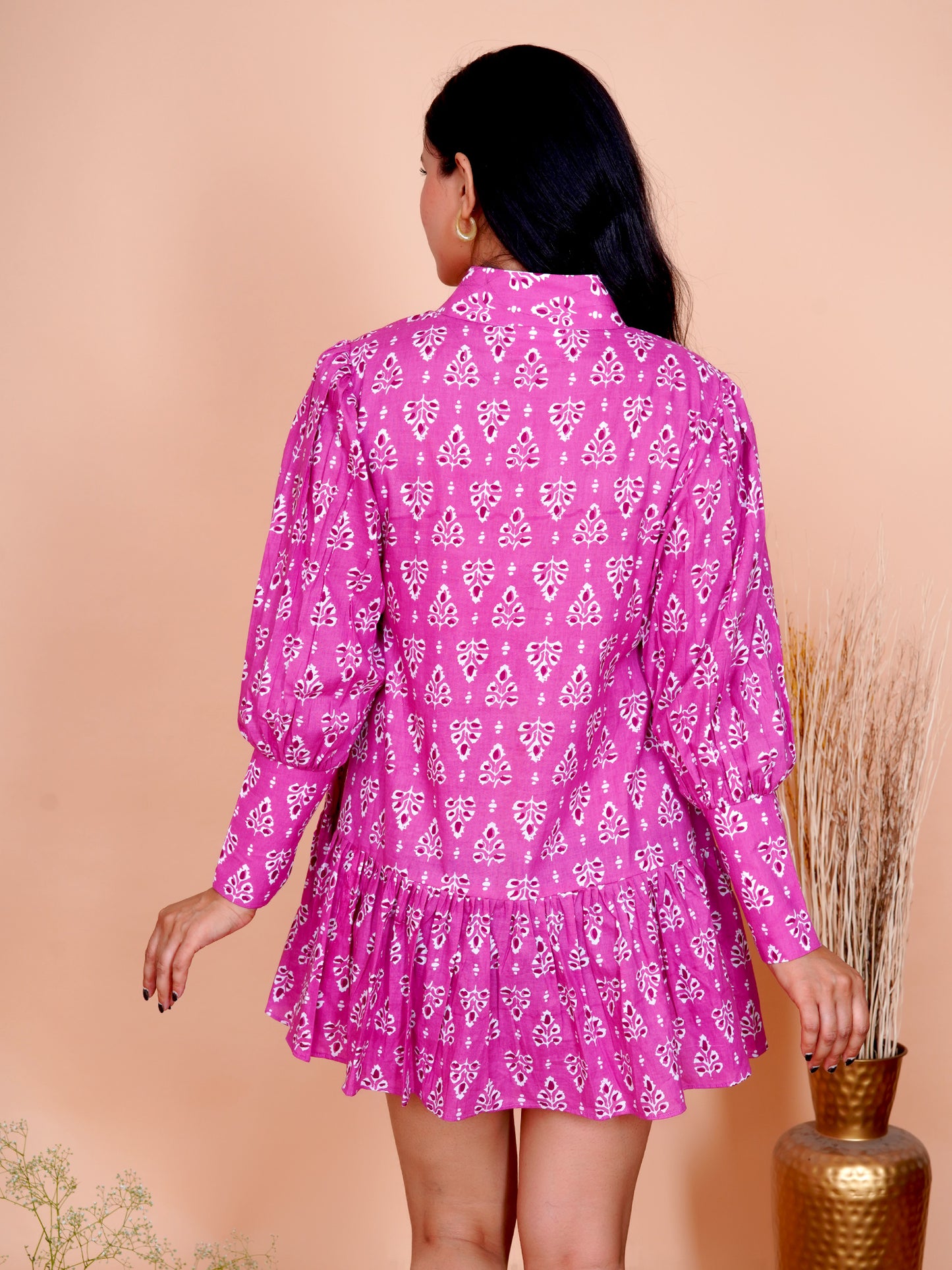 Magenta Floral Printed Cotton Mini Dress