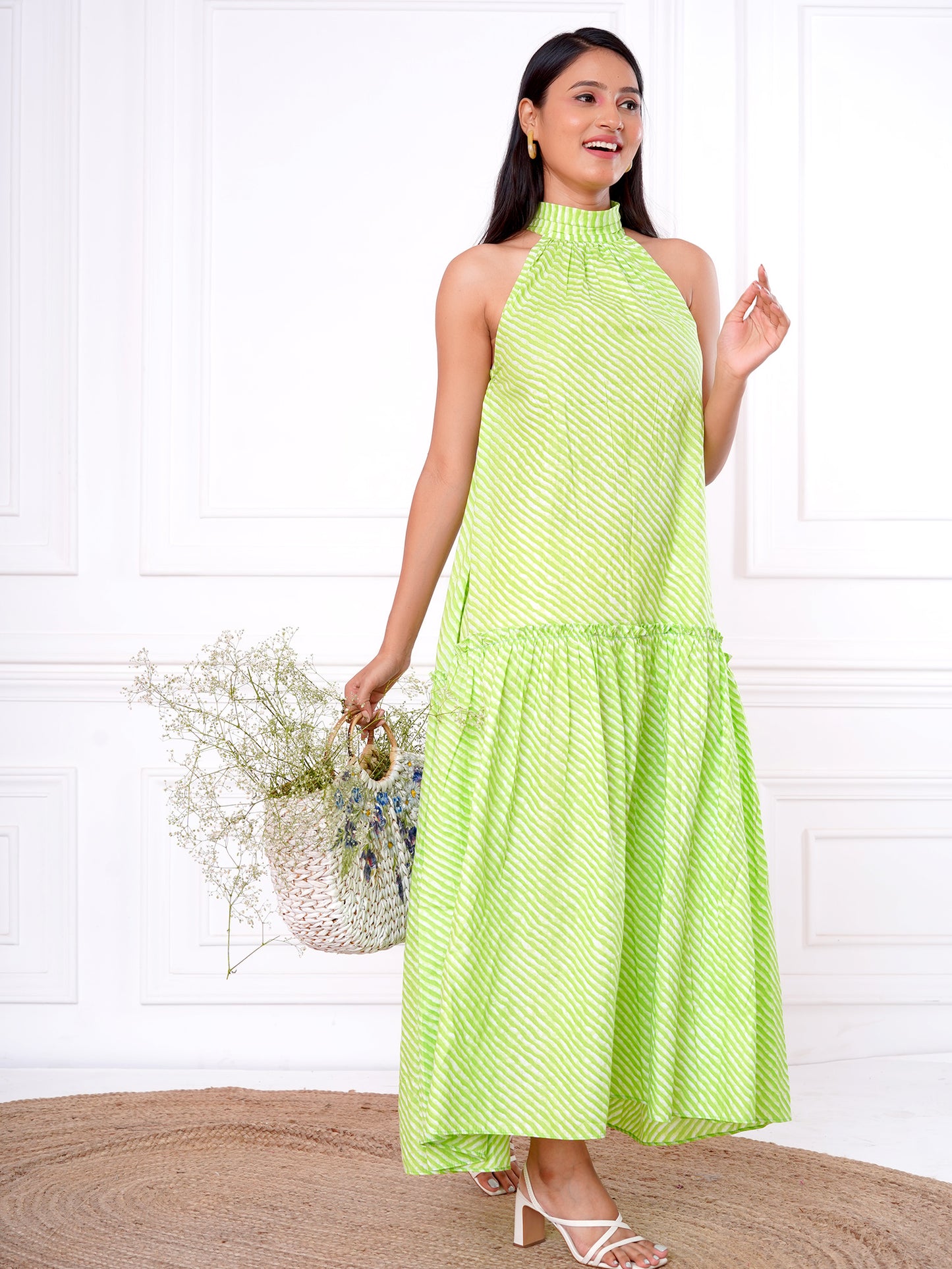 Green Leheriya Halter Neck Dress