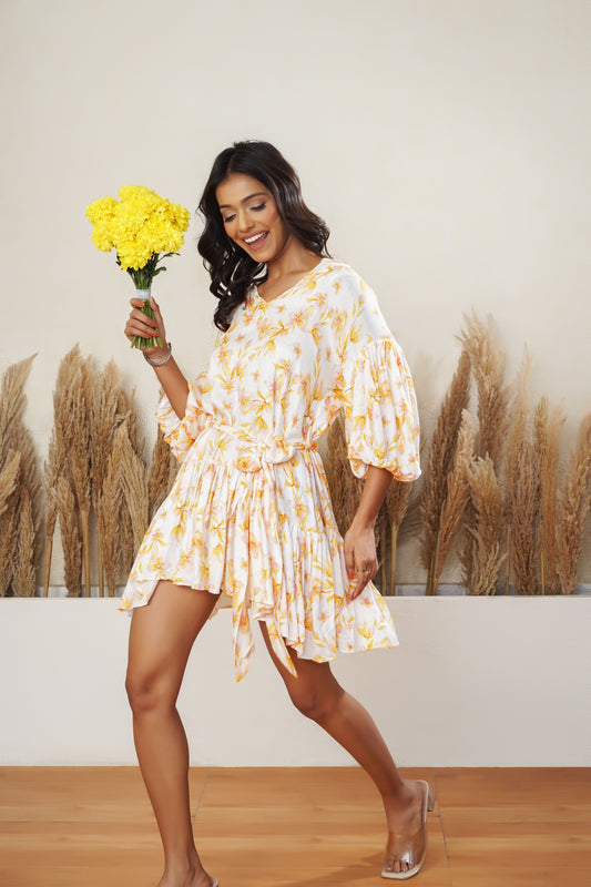 Floral Printed Frill Dress With Belt