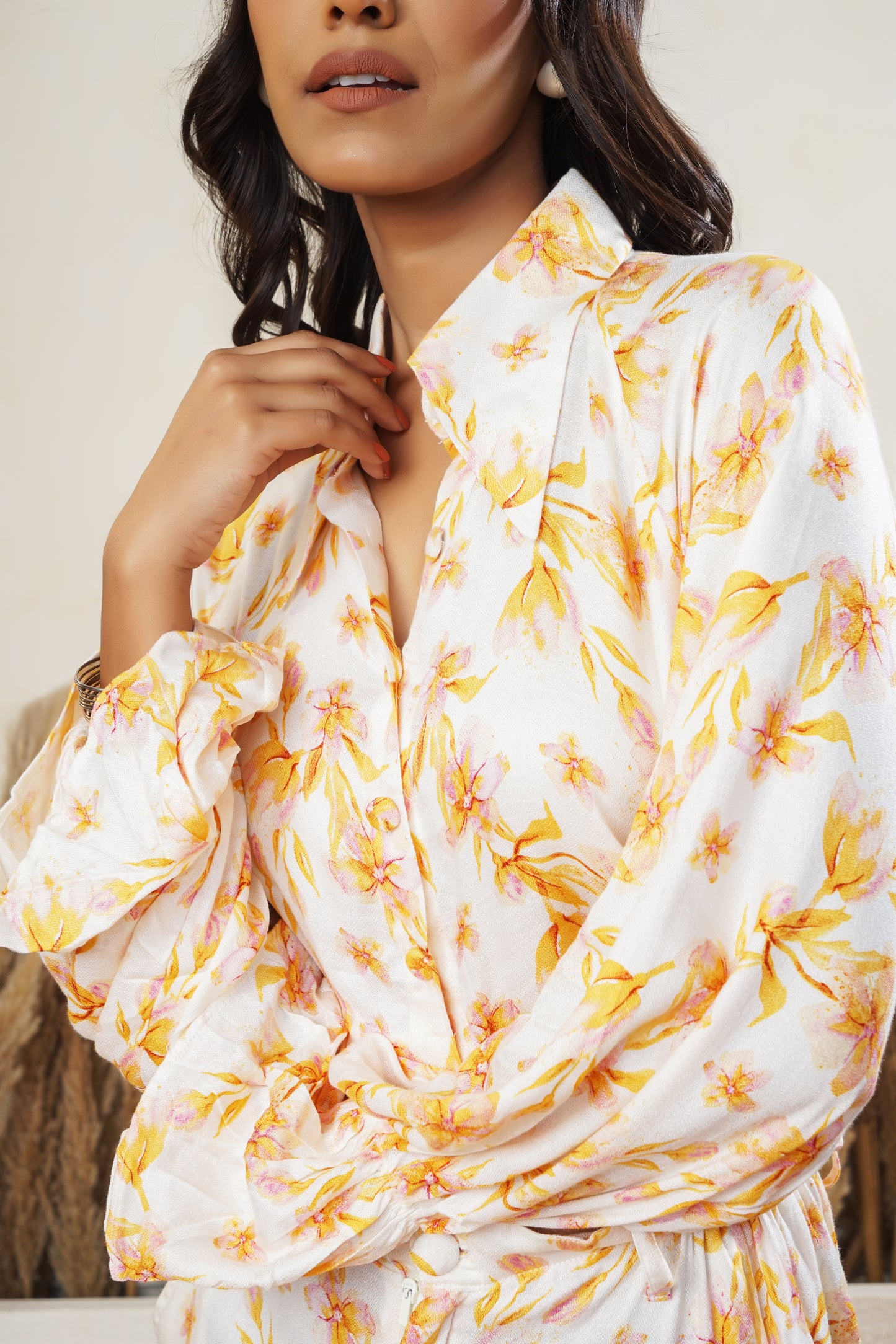 Yellow Floral Crop Top and Shorts Set