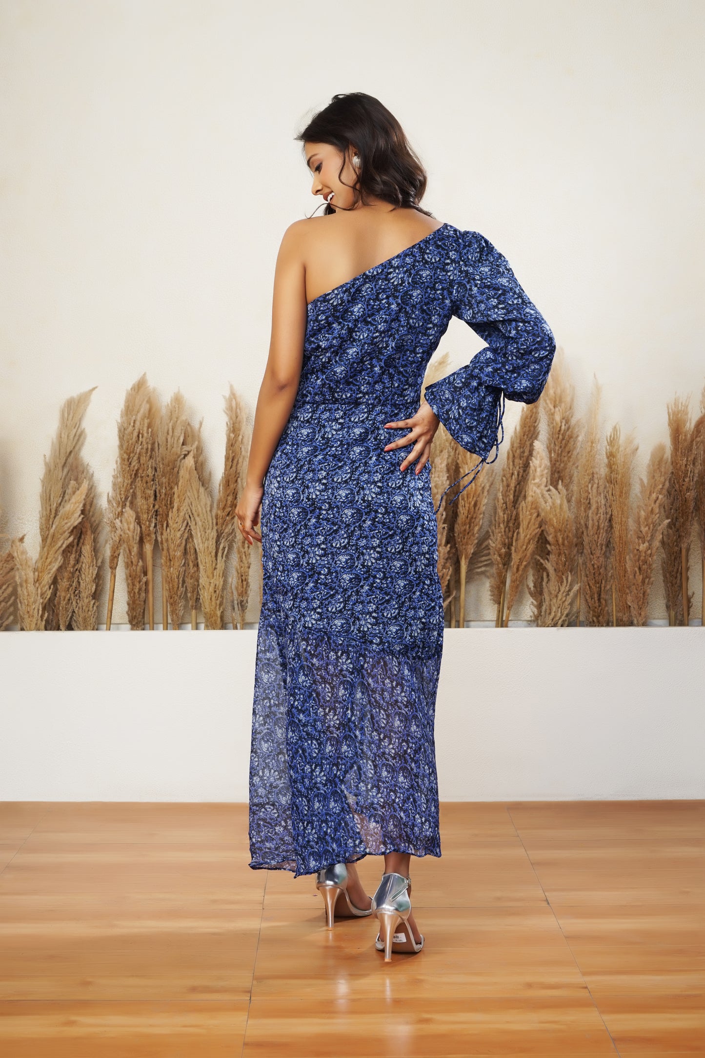 Indigo One Shoulder Fit and Flare Dress