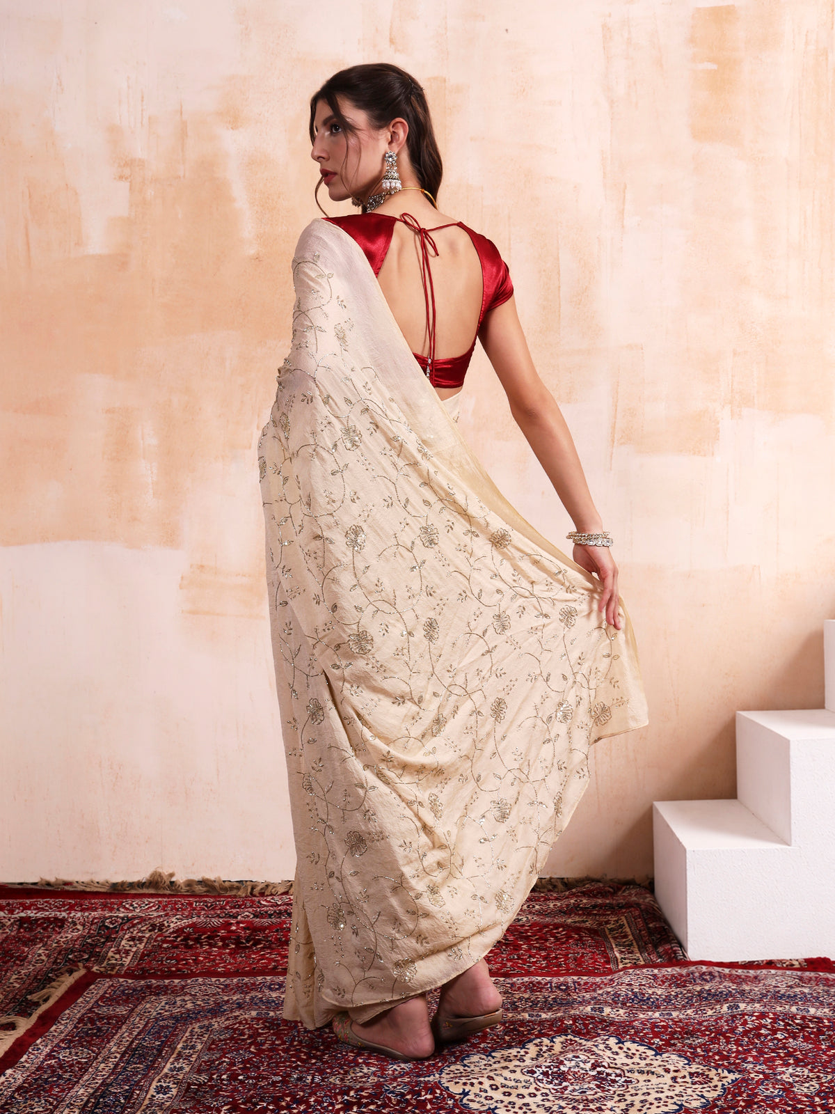 Pastel Vanilla Cream Cursh Embroidered Saree