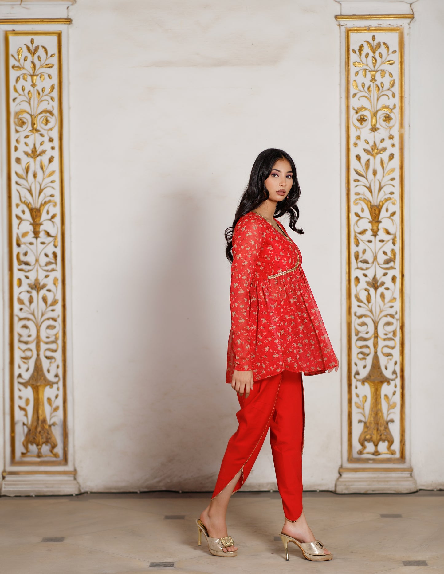 Red Floral Embellished kurta with Tulip Pants