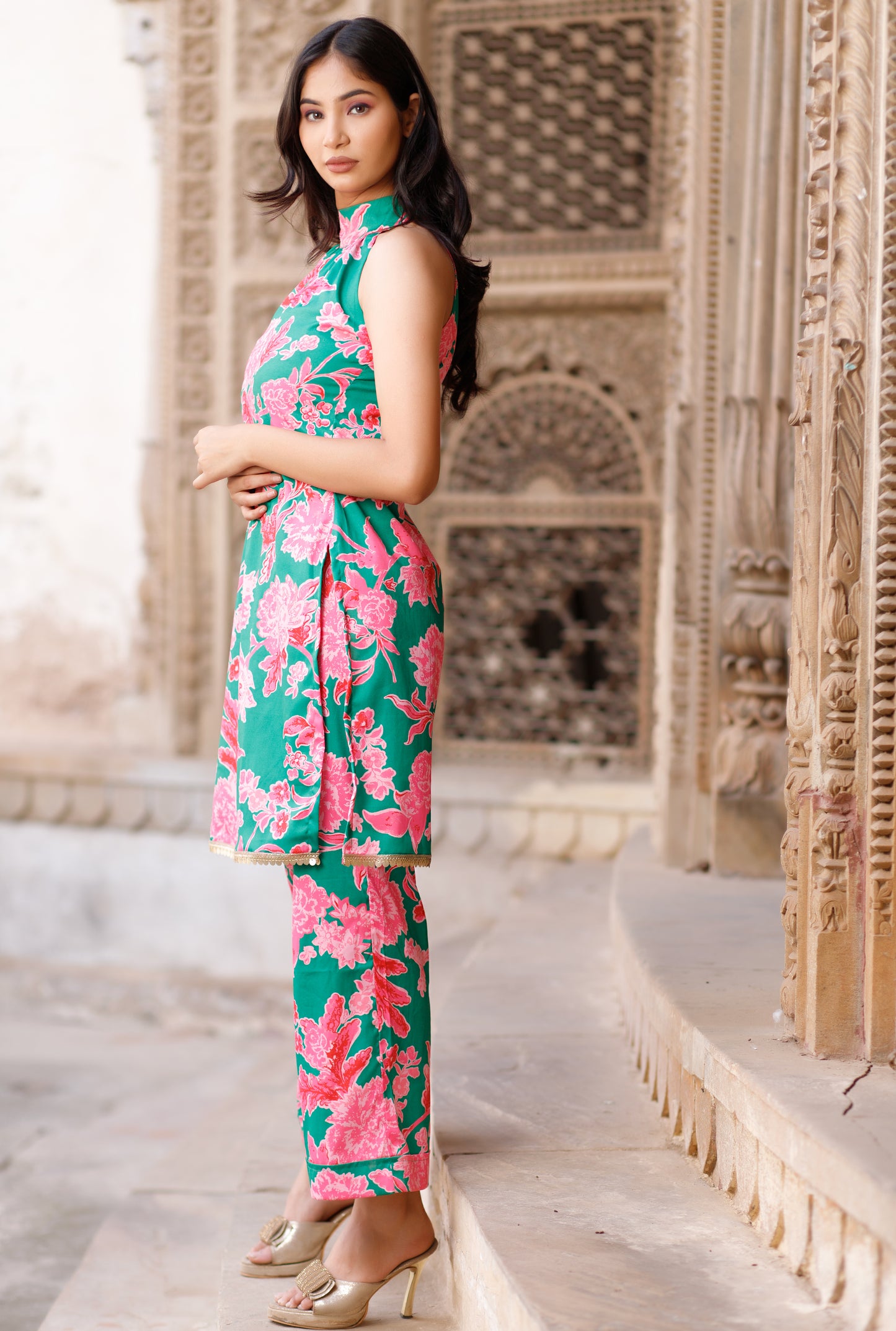 Green Floral Halter Neck Kurta Set