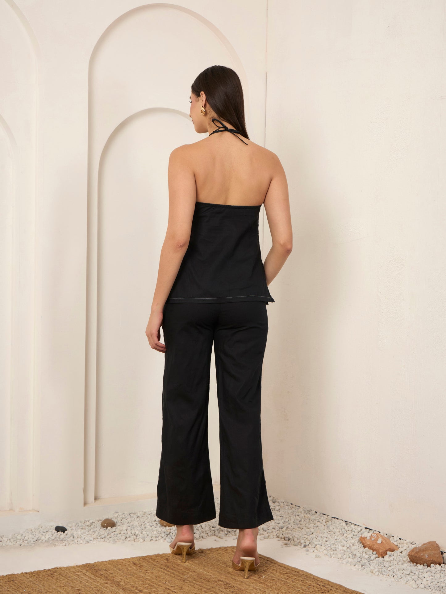 Black Poplin Contrast Thread Work Co-ord Set