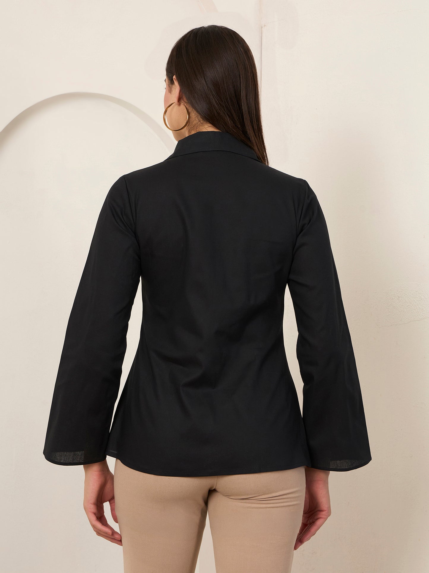 Black Poplin Front Tie-up Shirt