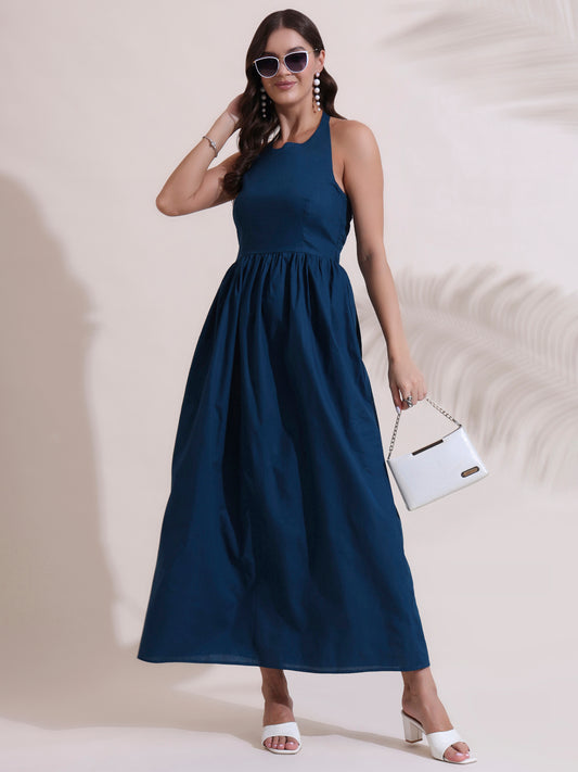 Blue Poplin Halter Neck Midi Dress