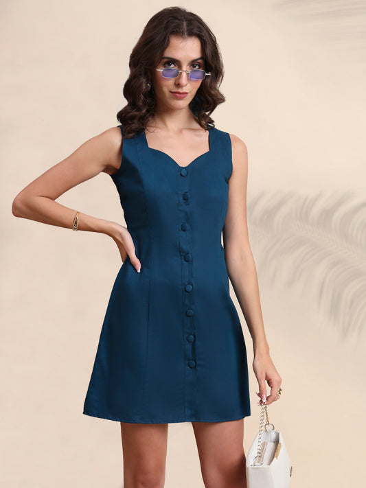 Blue Solid Front Buttoned Sleeveless Dress