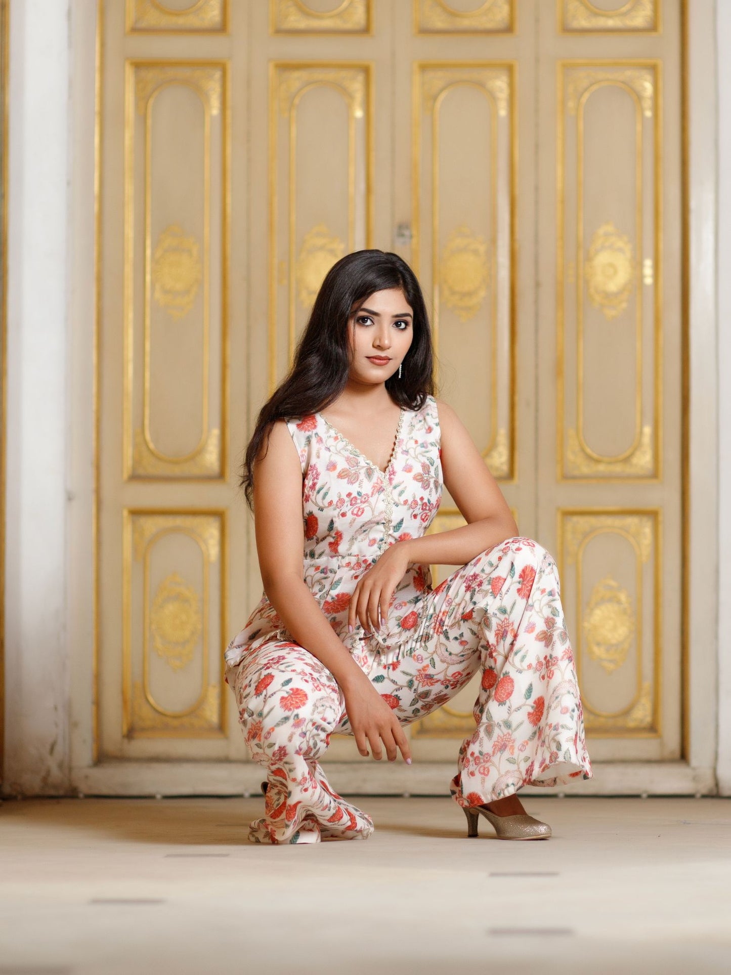 Chintz Floral Peplum Top with Flared Pants