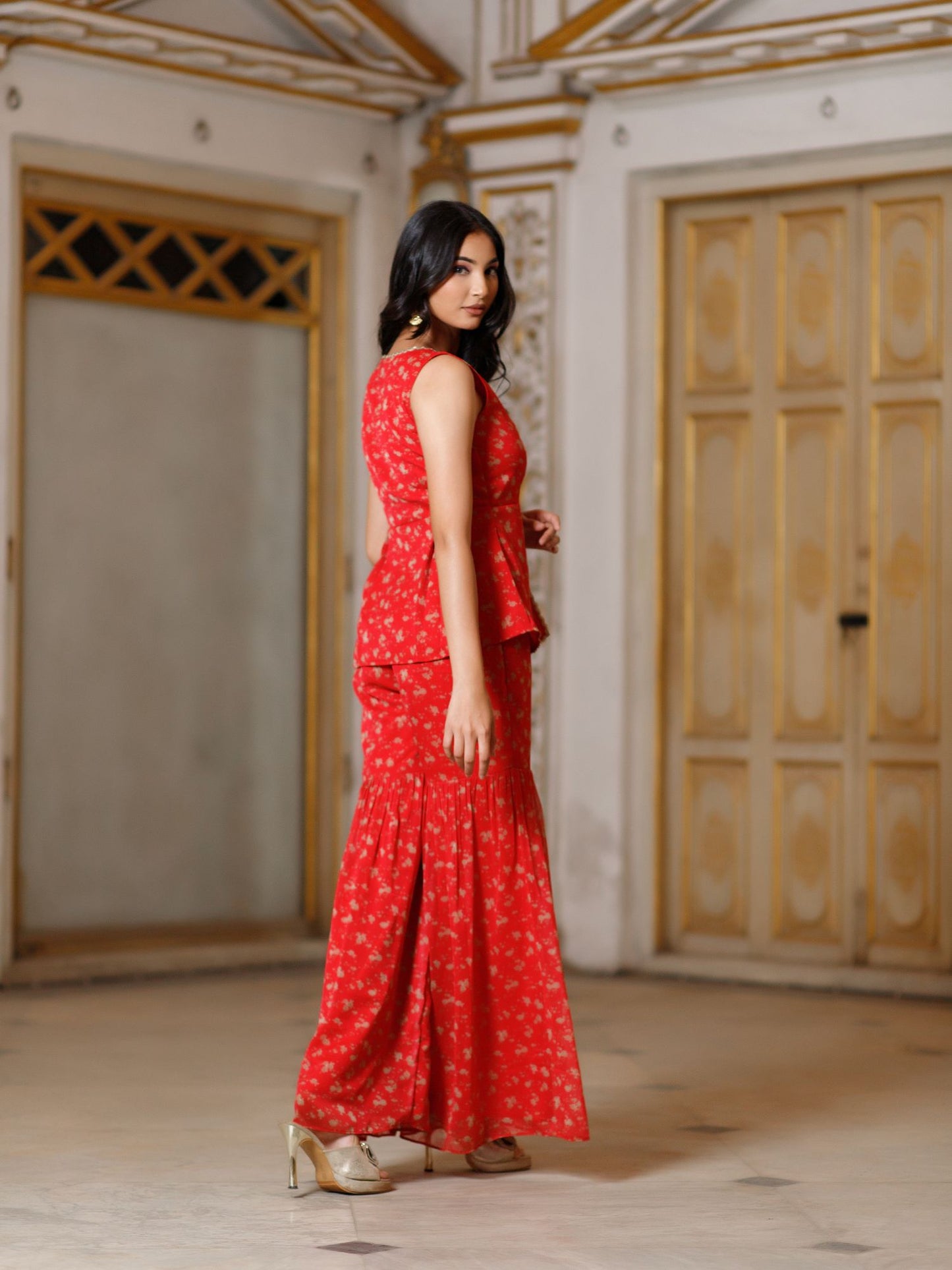 Red Floral Peplum Top and Sharara Set