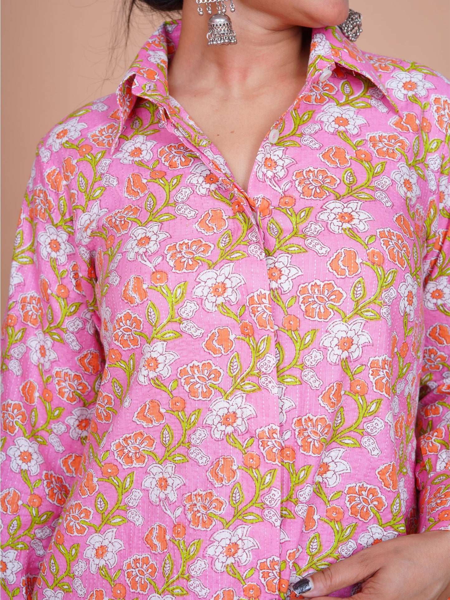 Kantha Embroidered Pink Floral Shirt Kurta